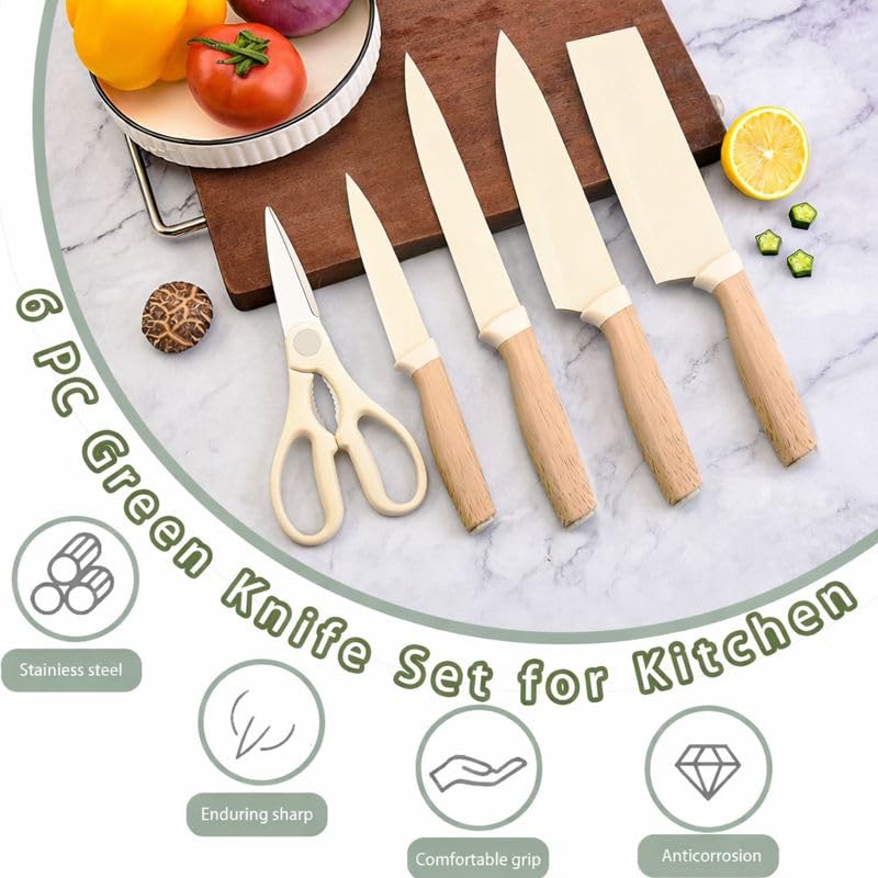 Image of Knife Set, 6-Piece Khaki Kitchen Knife Set for Home, Anti-Rust Non-Stick Stainless Steel Sharp Chef Knife Sets with Universal Knife Block for Kitchen, Ergonomical Design (Green)