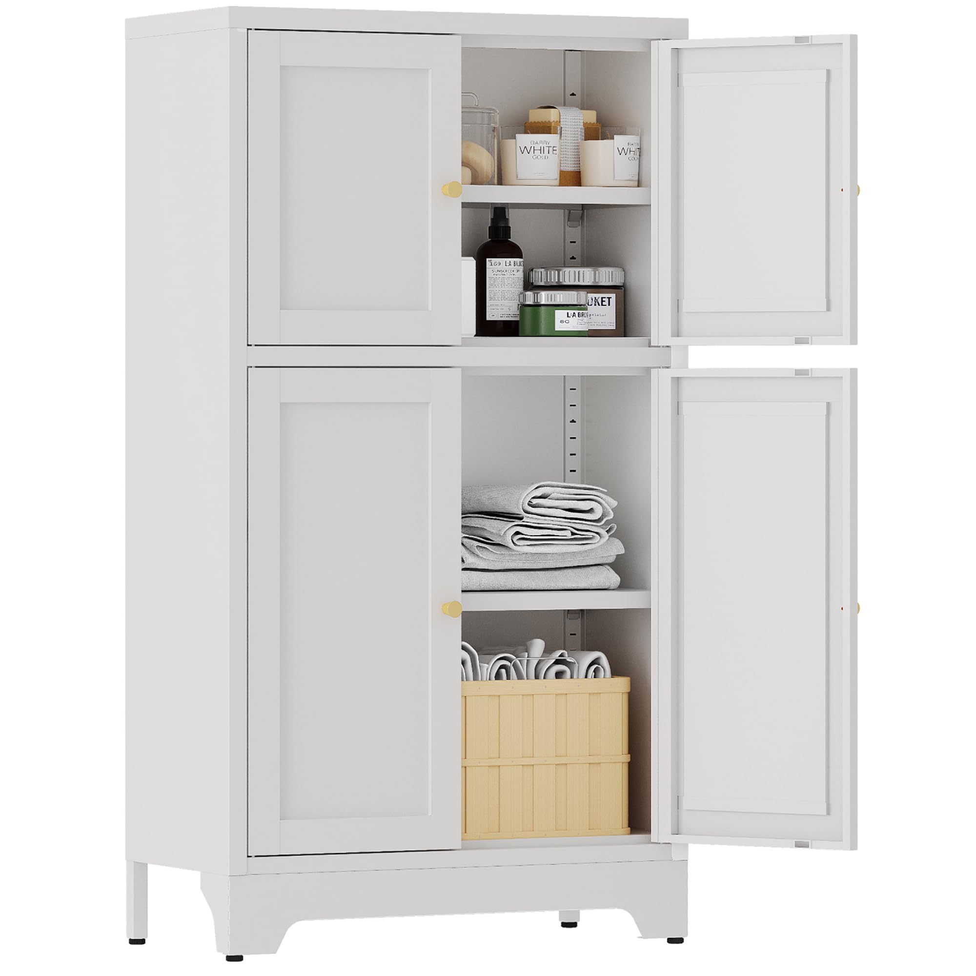 YAUWOH White Bathroom Floor Cabinet, Metal Storage Cabinet with 2 Adjustable Shelves & 4 Doors,Freestanding Sideboard for Dining Room,Living Room,