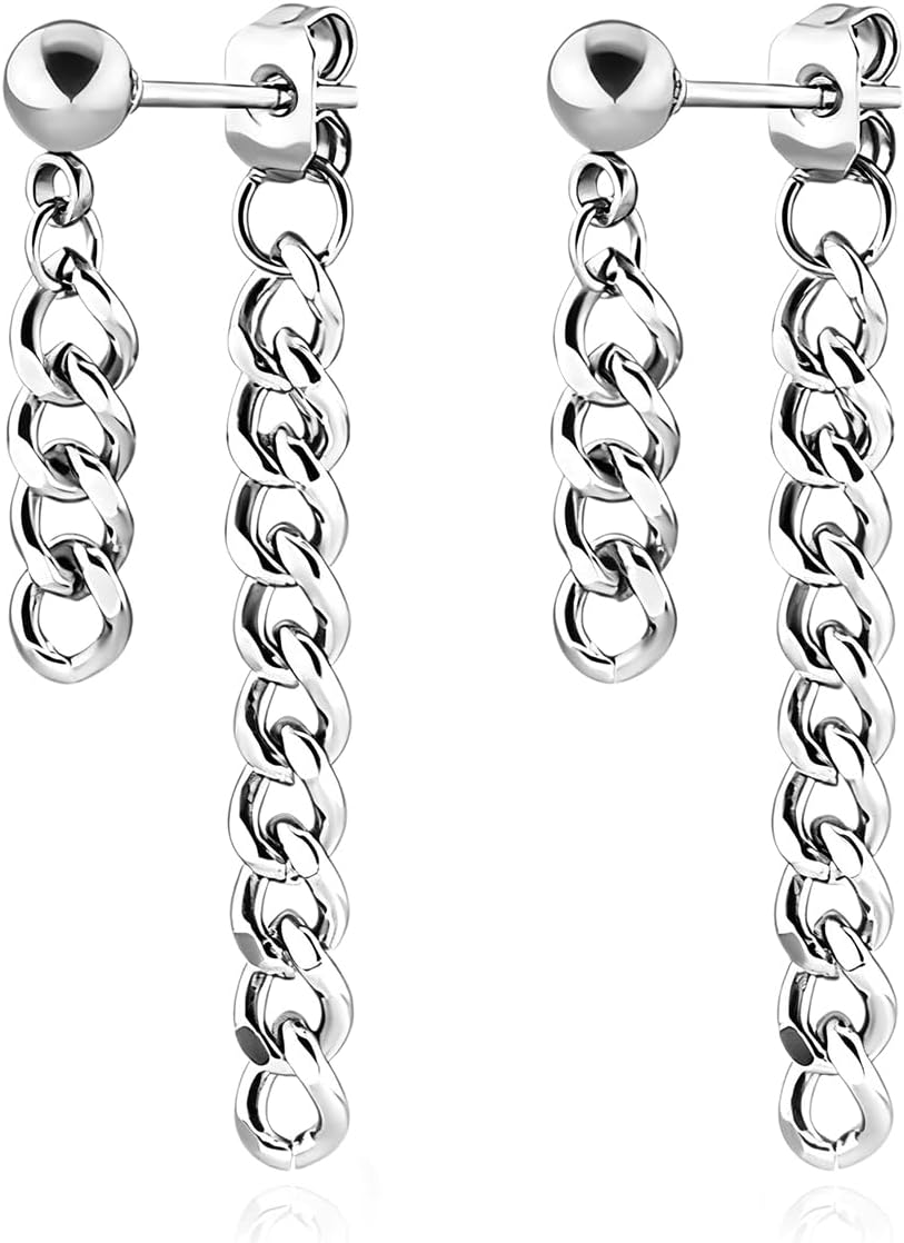 Punk Rock Stainless Steel Long Chain Stud Earrings Drop Dangle Earrings