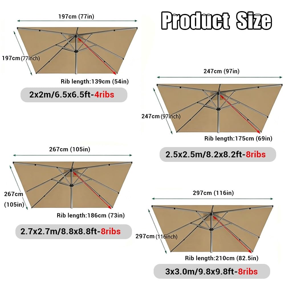 2.5x2.5m 3x3.0m Toldo De Recambio Para Sombrilla Cuadrada, 8 Varillas Tela De Recambio Para Parasol Cubierta De Repuesto De Parasol Jardín Mercado
