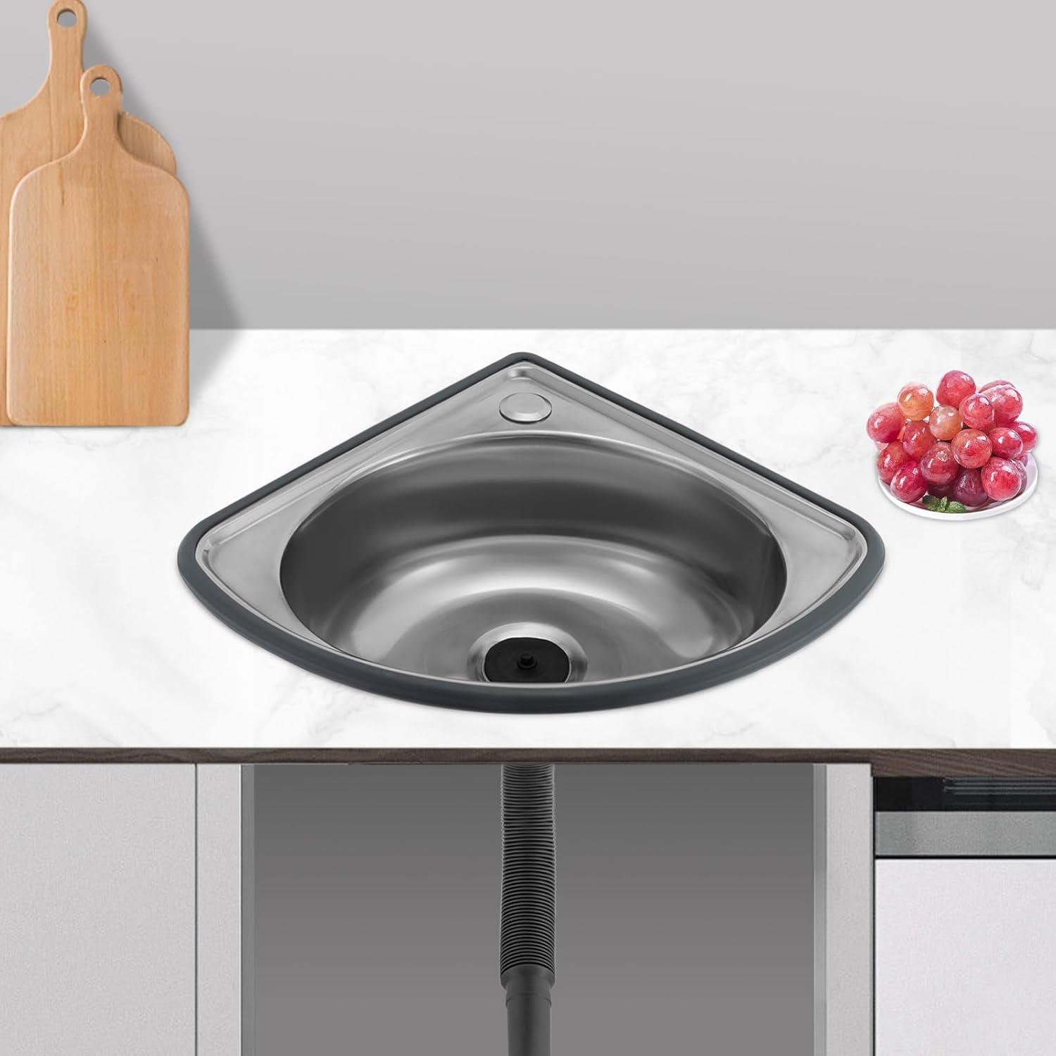 Wall Mount Stainless Steel Triangular Hand Basin Sink, Counter Top Mounted Corner Single Bowl Sink W/Basin Faucet & Drain Pipe, For Kitchen Rv Caravan Camper Boat