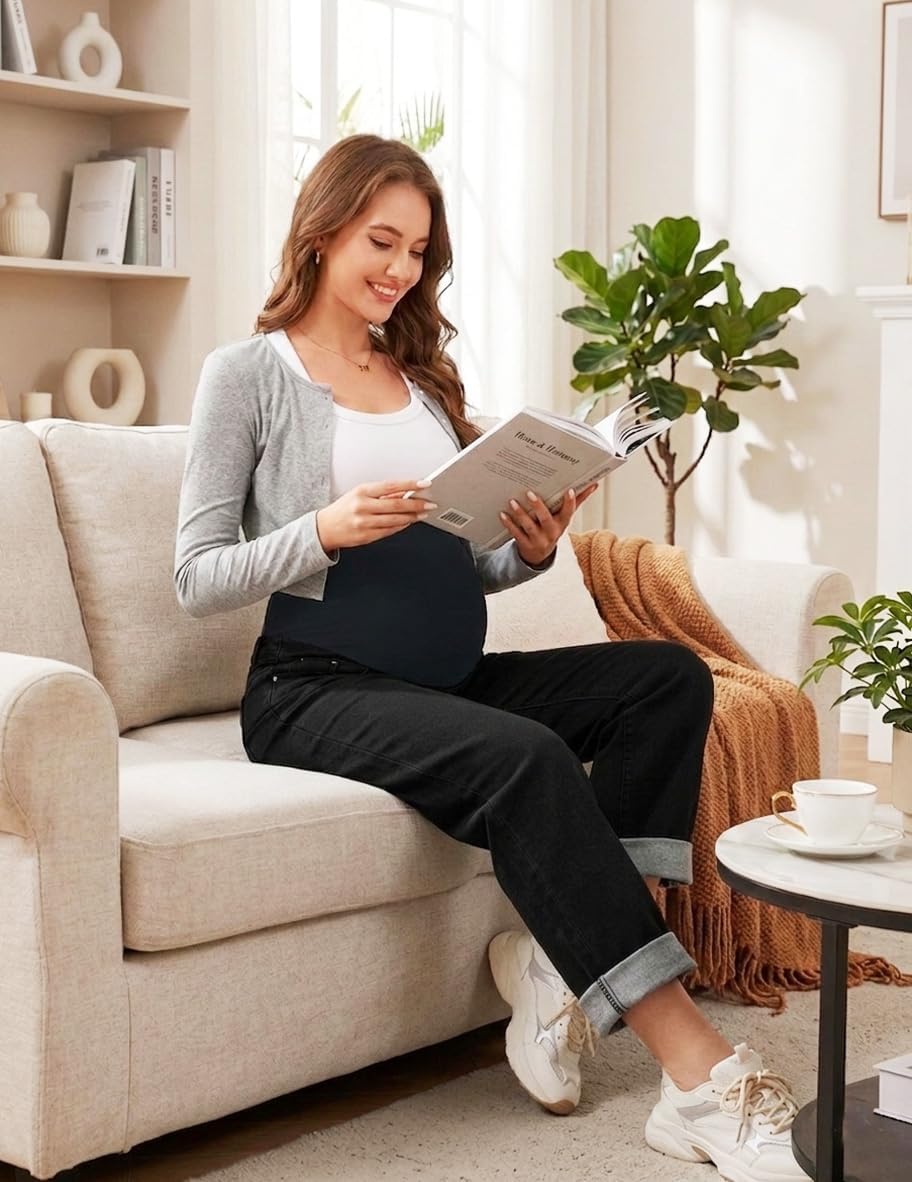 POSHGLAM Maternity Jeans Over Belly Barrel Jeans Wide Leg Pregnancy Denim Pants
