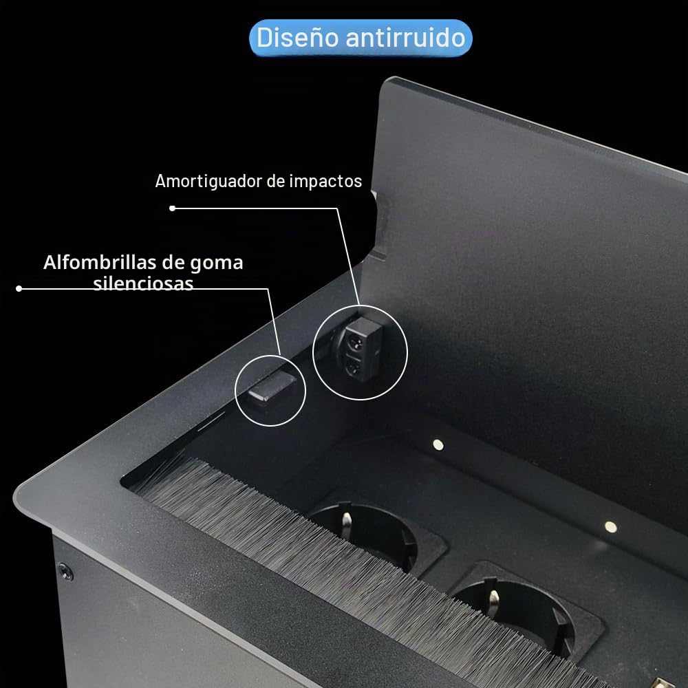 Tomacorriente de mesa, regleta de enchufes con receptáculos encastrados de aluminio 2 x Schuko 1 x cargador USB-A+C (PD 65W) 1 x CAT6 1 x HDMI 1 x USB-C 1 x cable de alimentación de 1.7m 4 x agujeros
