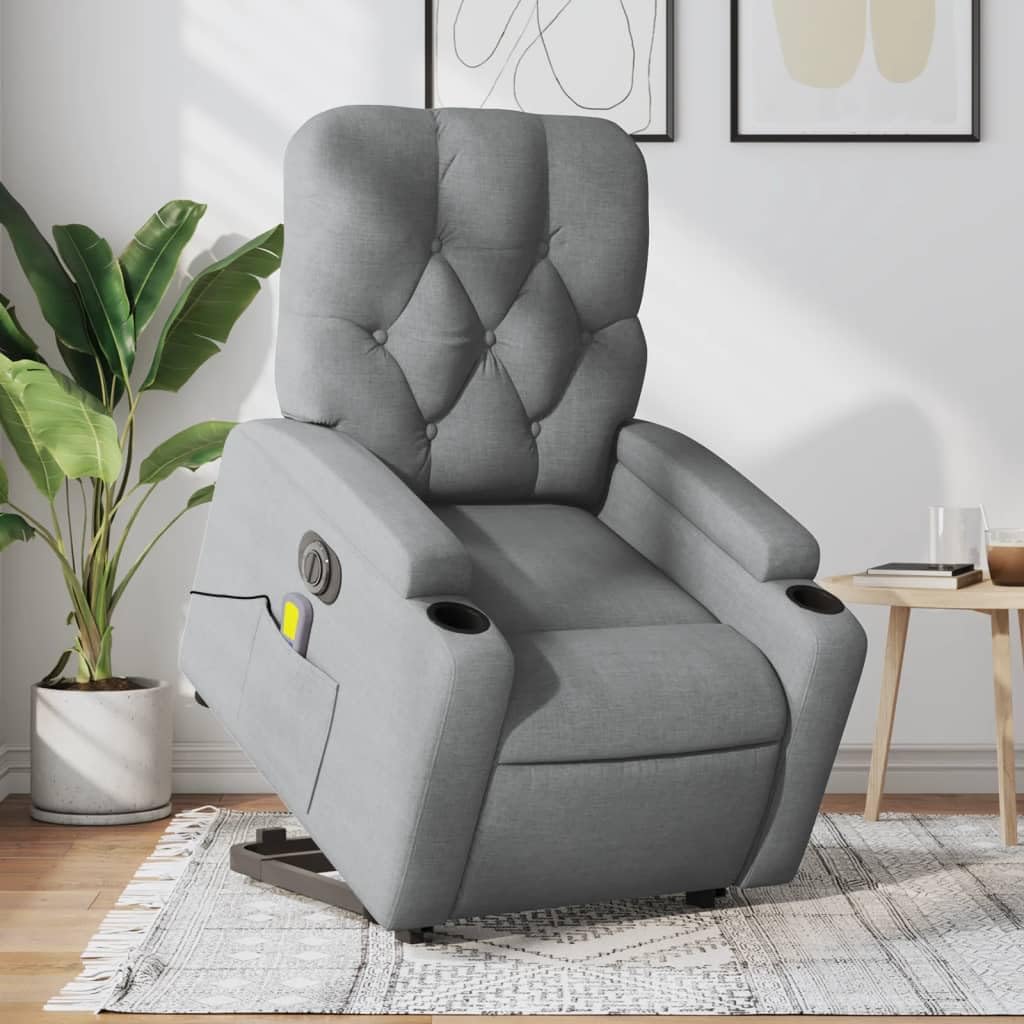 Sillón elevador eléctrico con masaje de 6 puntos y reclinación automática, gris claro de tela, función elevación y vibración, estructura estable
