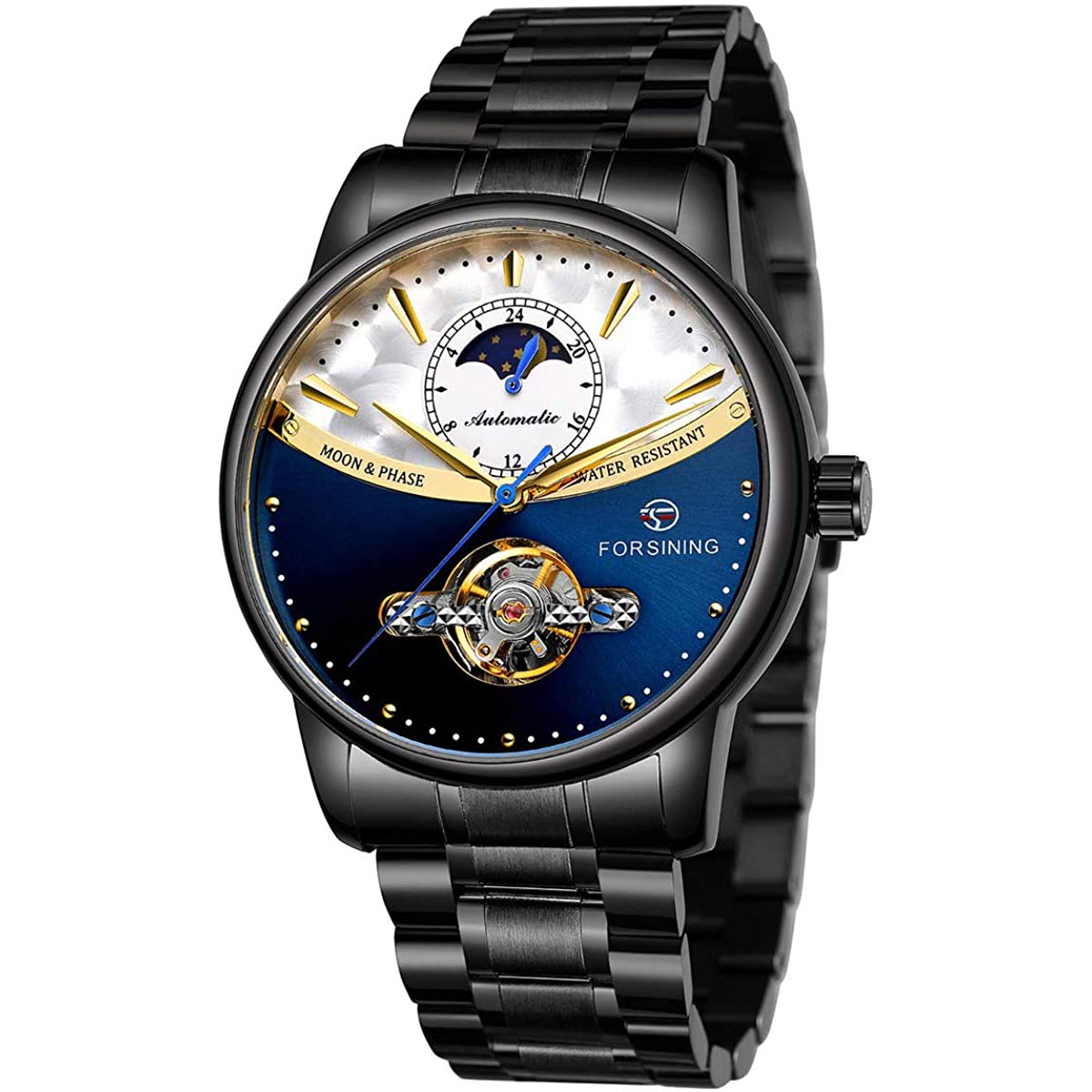 MASTOP Herren Automatik Analog Uhr Mode Skelett Tourbillon Wasserdicht Mondphase Edelstahl Mechanische Uhr