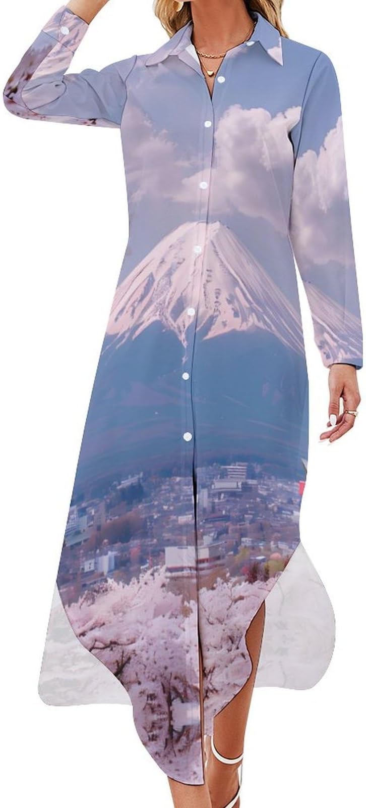 TUBIAZICOLMount Fuji Cherry Flowers Funny Button Down Shirt Dress Maxi Dress for Women Long Sleeve Blouse Dresses