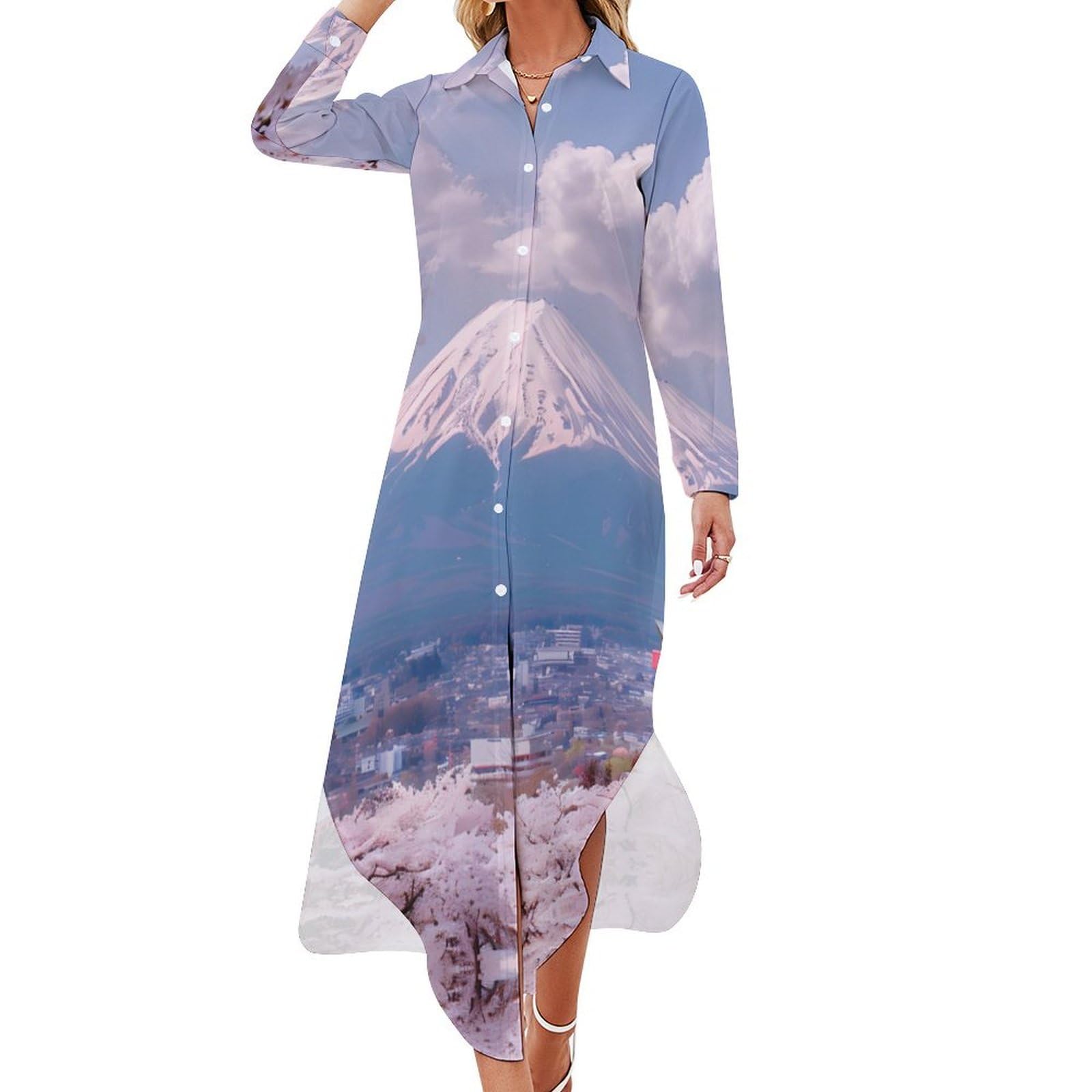 TUBIAZICOLMount Fuji Cherry Flowers Funny Button Down Shirt Dress Maxi Dress for Women Long Sleeve Blouse Dresses