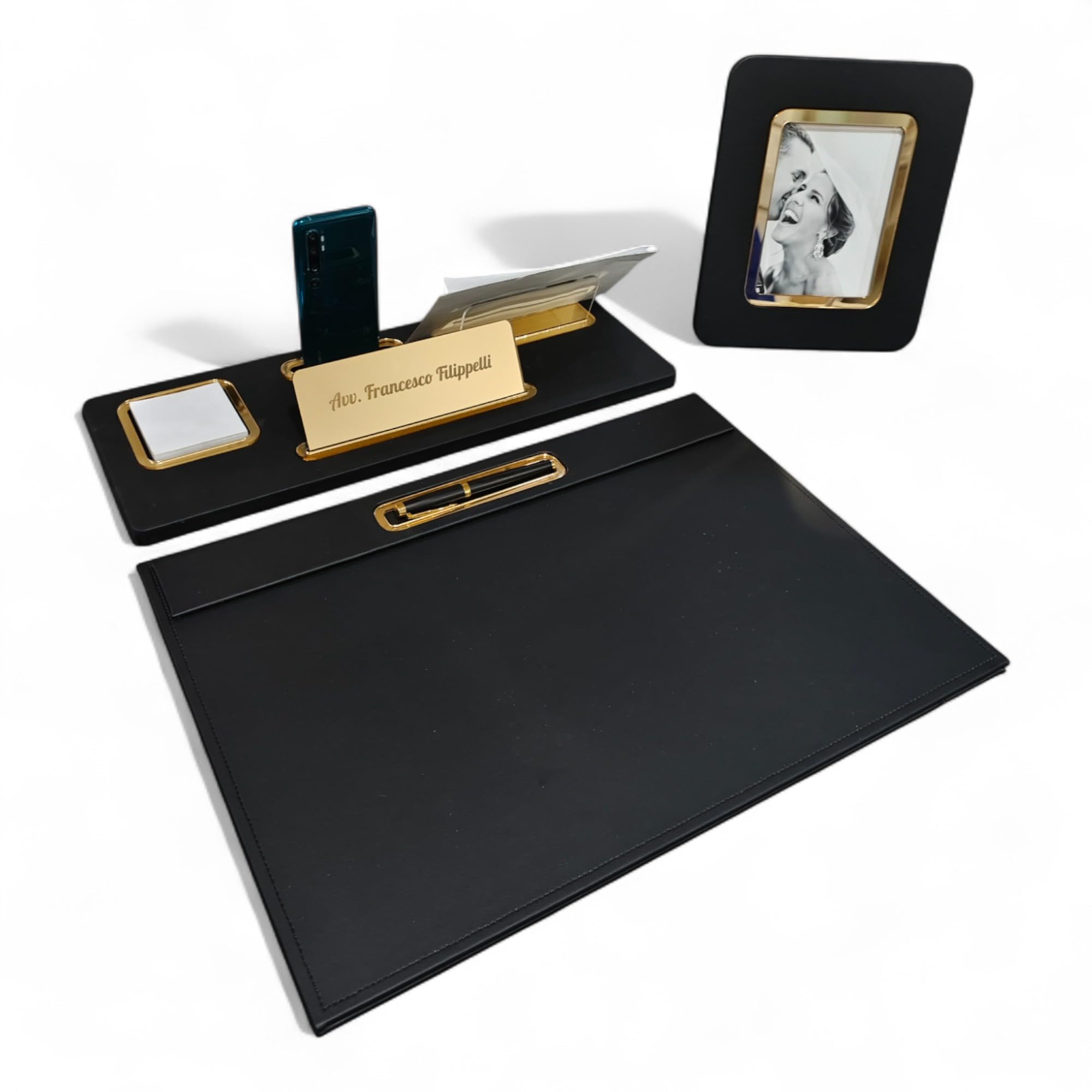 Oggettando Set Scrivania in eco pelle PU Nera, 5in1 Organizer con Supp. smartphone, Porta lettere, Porta bigliett, Portacarte ades, Cavaliere person, Sottomano, Portafoto Ufficio, Casa (ACRILICO ORO)