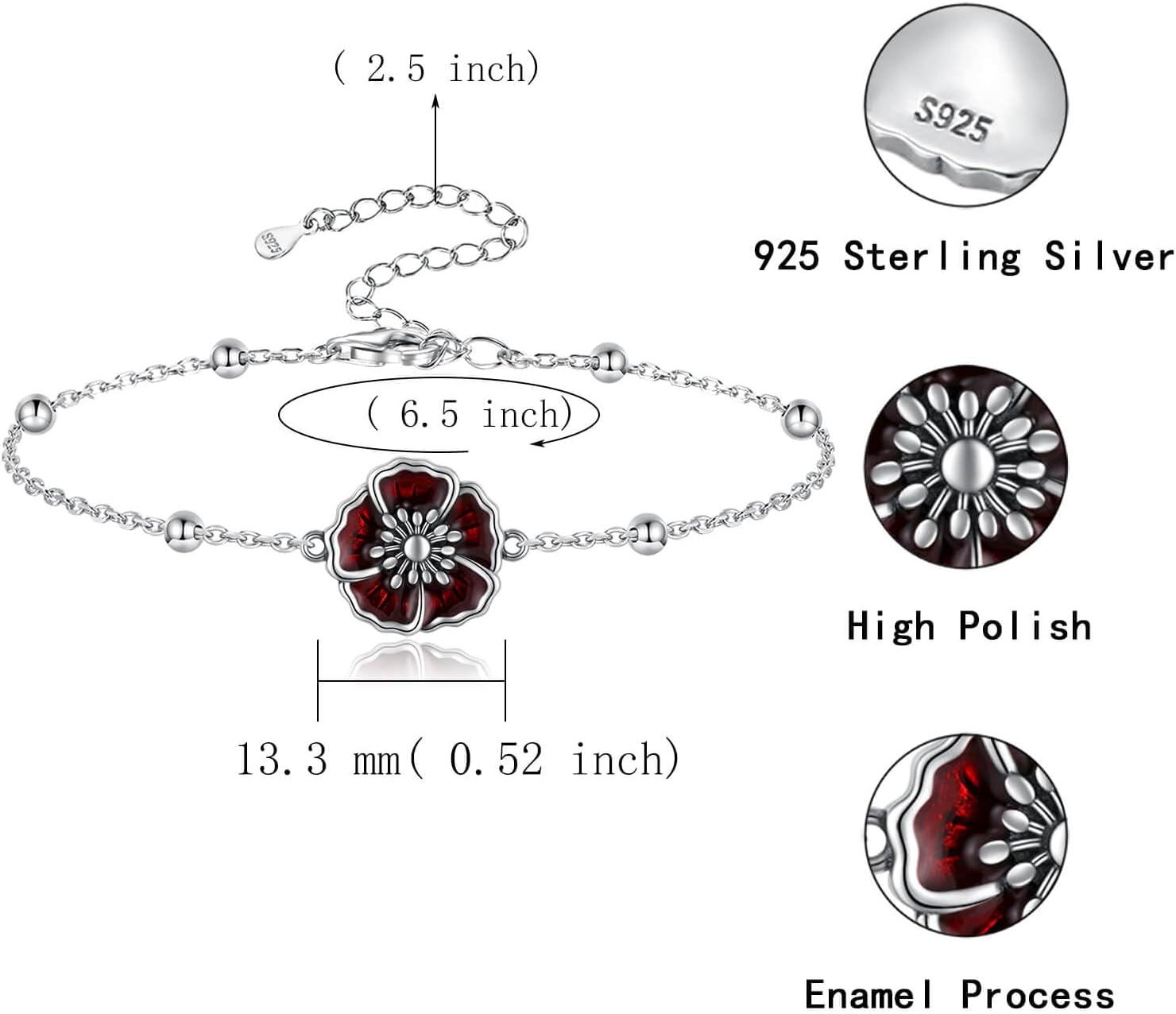 Poppy Bracelet 925 Sterling Silver for Women-Flower Jewelry Elegant Adjustable Chain Memorial Day Remembrance Gifts - Image 7