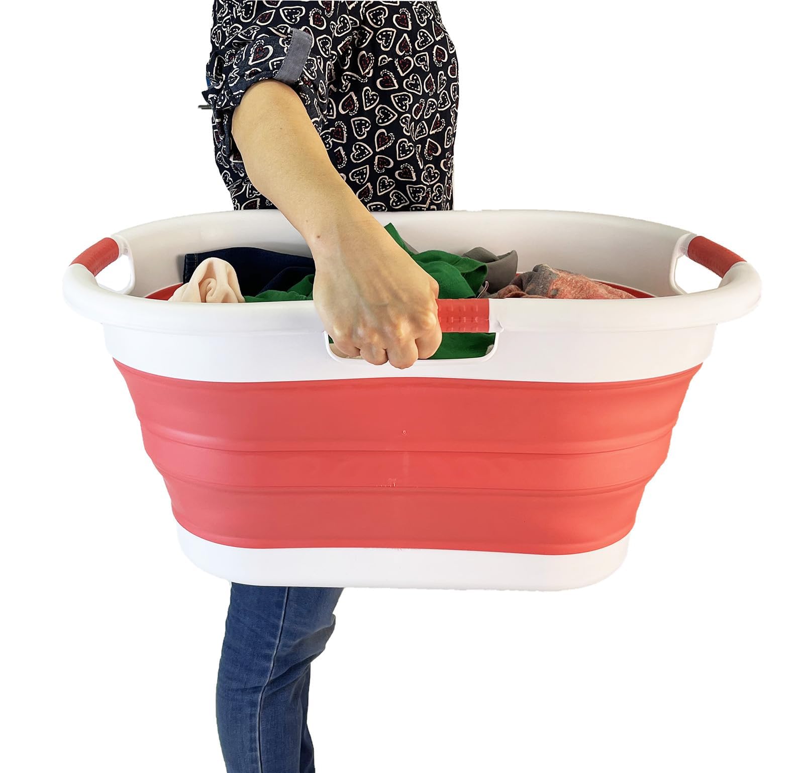 SAMMART Cesto portabiancheria pieghevole in plastica, 40 l, contenitore pieghevole, vasca portatile salvaspazio (1, bianco/rosa corallo)