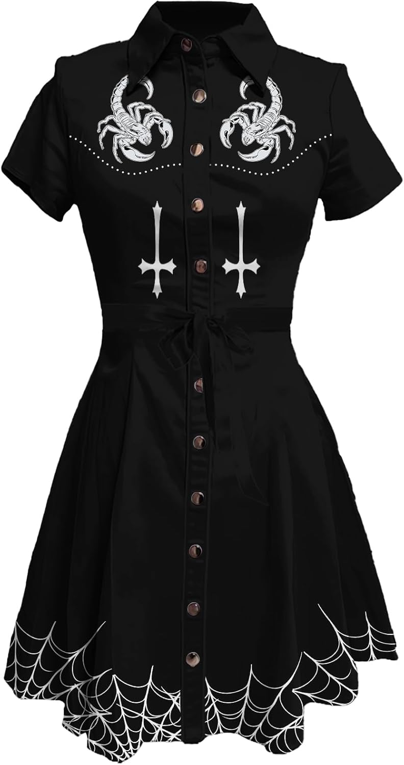 Business Casual Dress for Women Western Floral Short Sleeve Collared Button Down Fashion Aline High Waist Dress