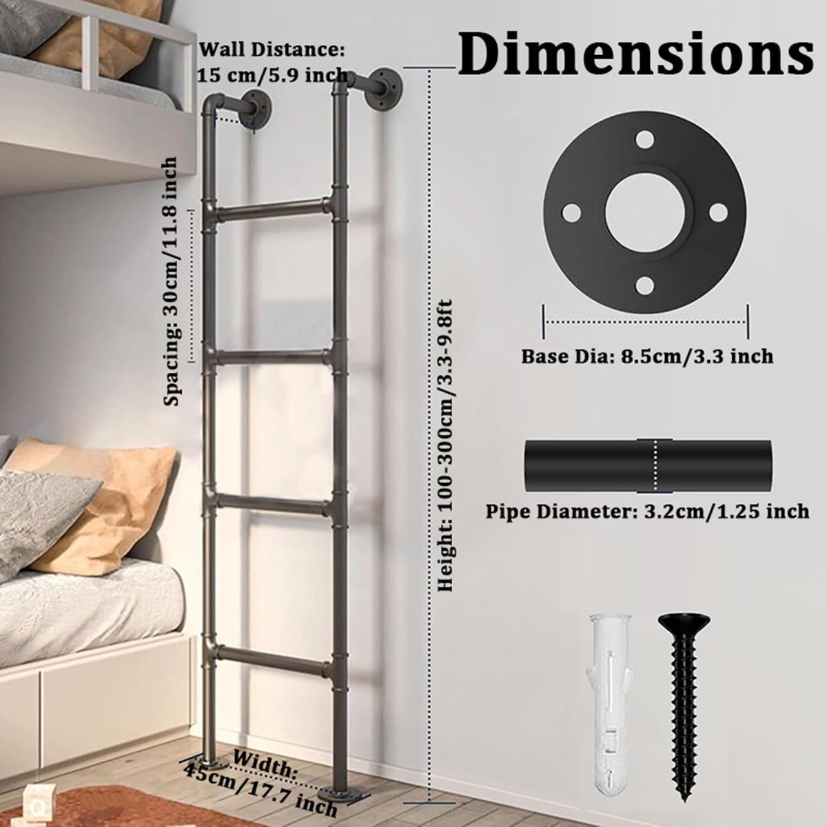 Escalera de Salida de Pared de Hierro Forjado Blanco para ático, litera, Escalera de 150-250 cm para sótano, ático, litera, Autocaravana, terraza, Dormitorio,180cm