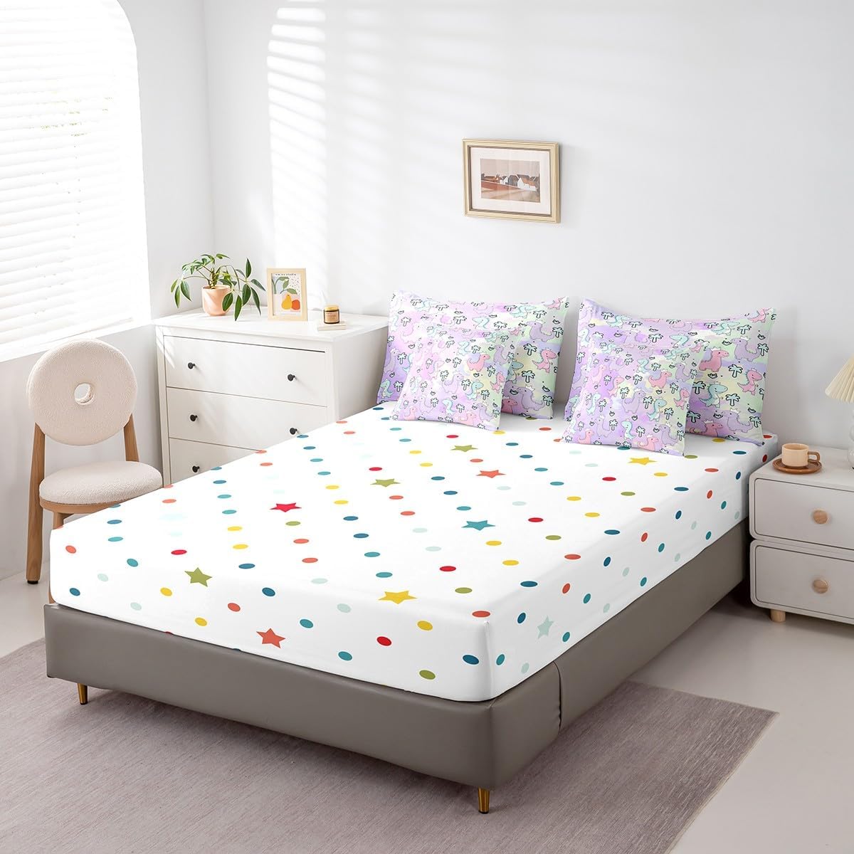 Erosebridal Dinosaur 7 Piece Comforter Set Queen Size,Kawaii Dinosaur Bedding Sets for Kids Girls Boys Bedroom Decor,Cartoon Cute Animals Wildlife Bed in a Bag,Palm Leaf Sheet Set,Green Purple Pink