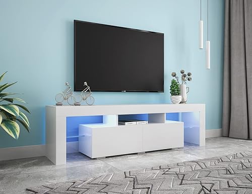 Miniatura 4 de Hangoo Soporte de TV blanco para centro de entretenimiento de TV, soporte LED con 2 cajones y almacenamiento para consola de TV, caja de cable