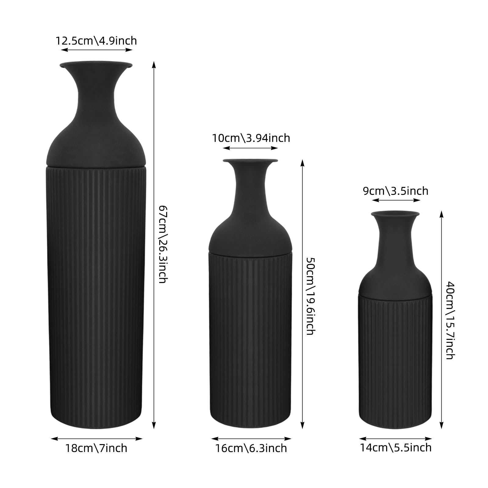 3 Set Standvase aus Metall, Blumenvase Modern Schmale Vasen Keramik Vasen Bodenvase Fußbodenvase mit Natürlicher Textur für Kamin Schlafzimmer,Küche,Wohnzimmer, Schreibtisch (Schwarz)