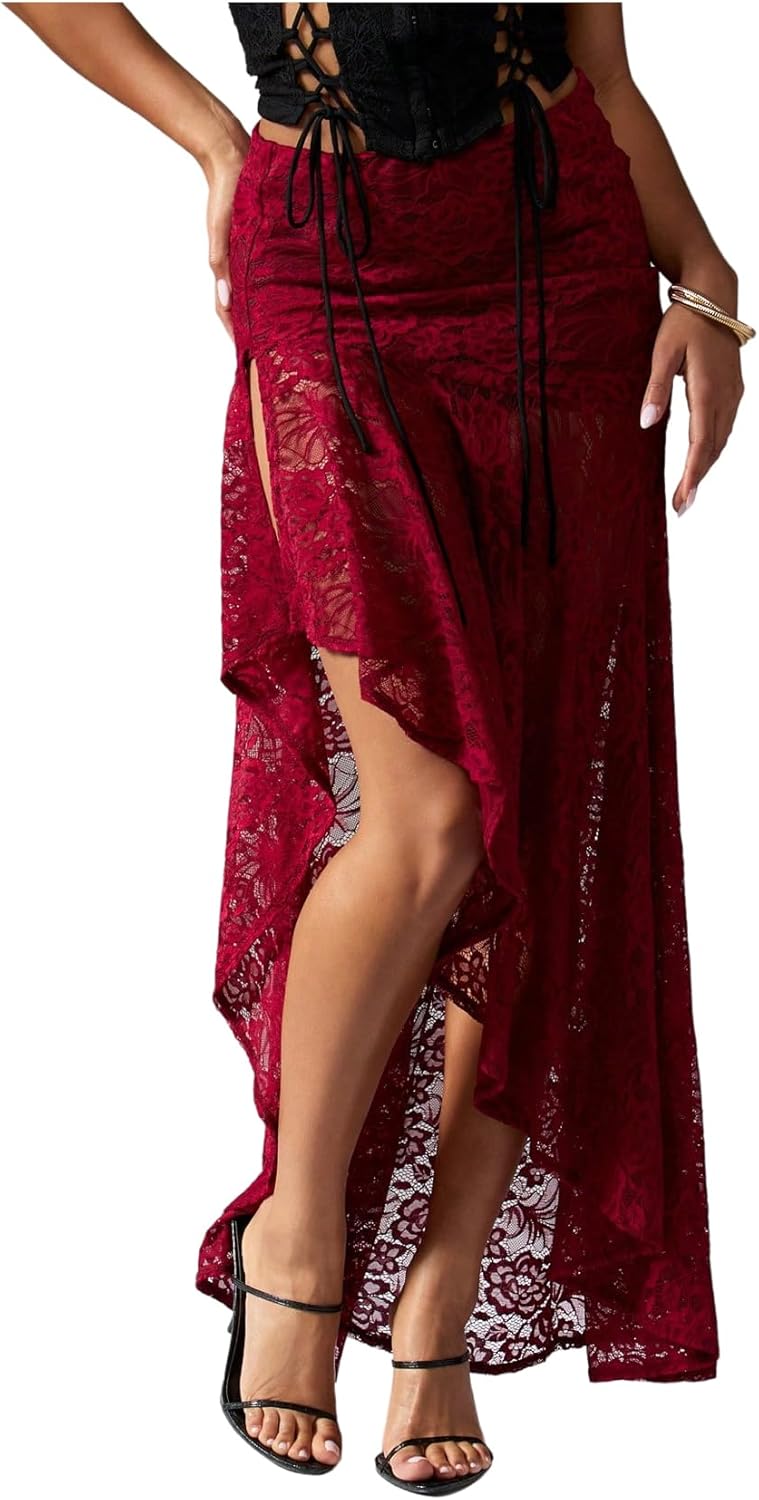 Floerns Women's Sheer Mesh Flowy Going Out Lace Skirts Asymmetrical Split Party Maxi Skirt