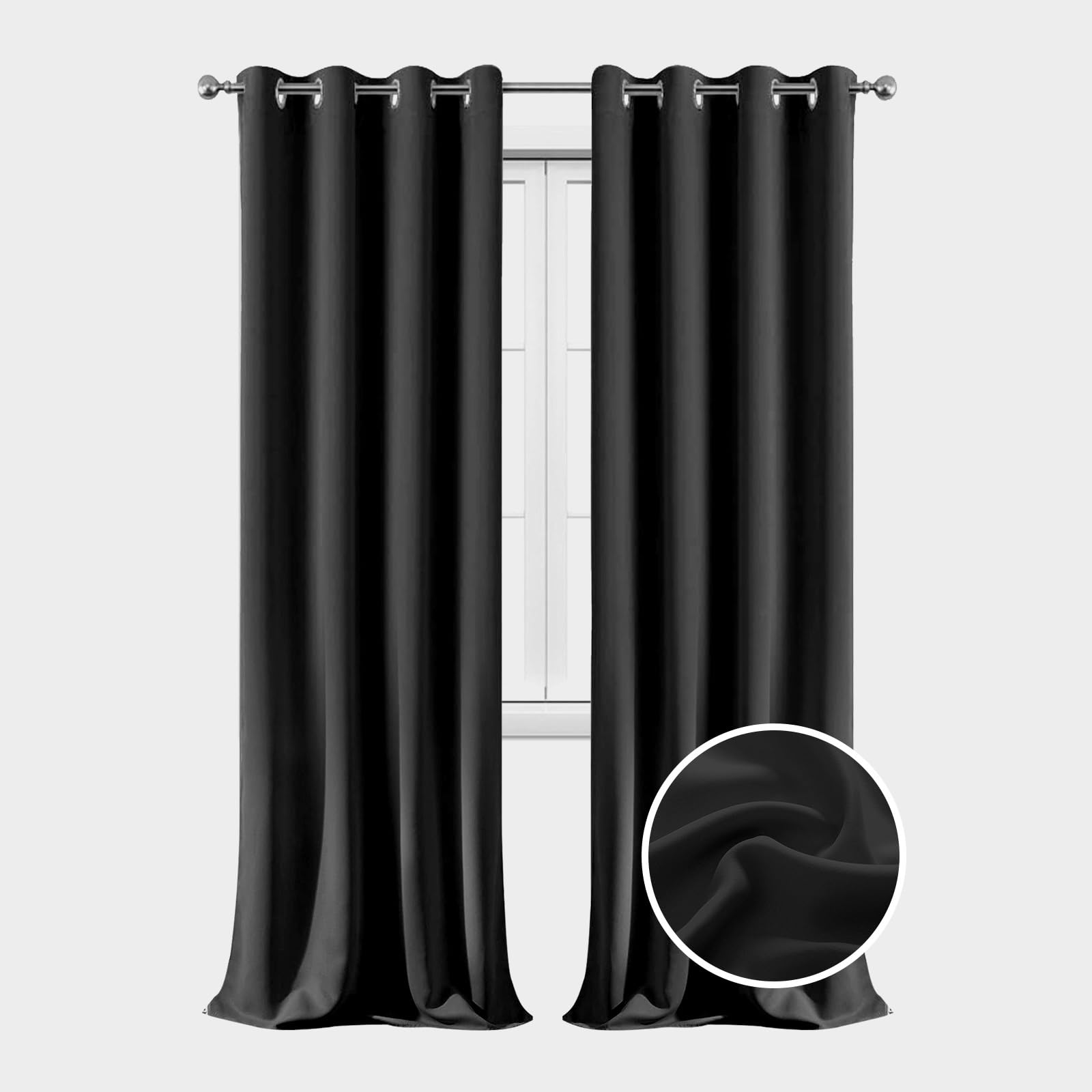 WUXXIANG 100% Blackout Curtains for Bedroom 50 x 150 cm Super Soft Thermal Insulated, Blackout Eyelet Blackout Curtains, with Blackout Lining, for Home Fashion Decor, Black