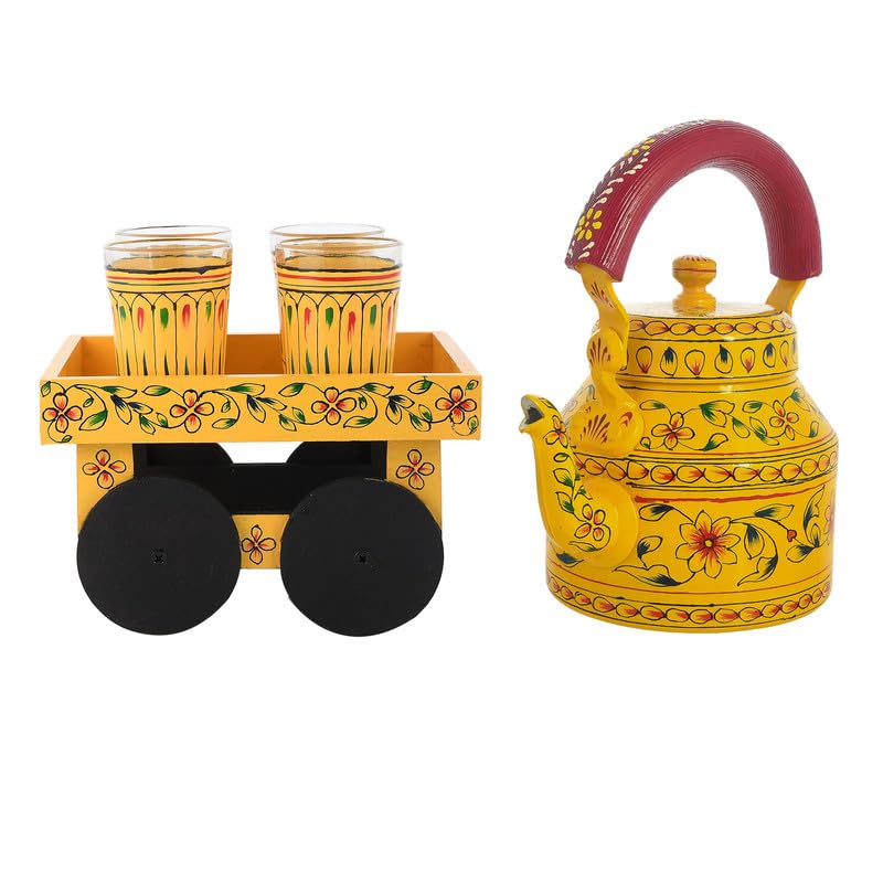 Image of Handpainted Alluminium Tea Kettle with Four Glasses and Wooden Tray for Home Dcor Tea Party Serving -05