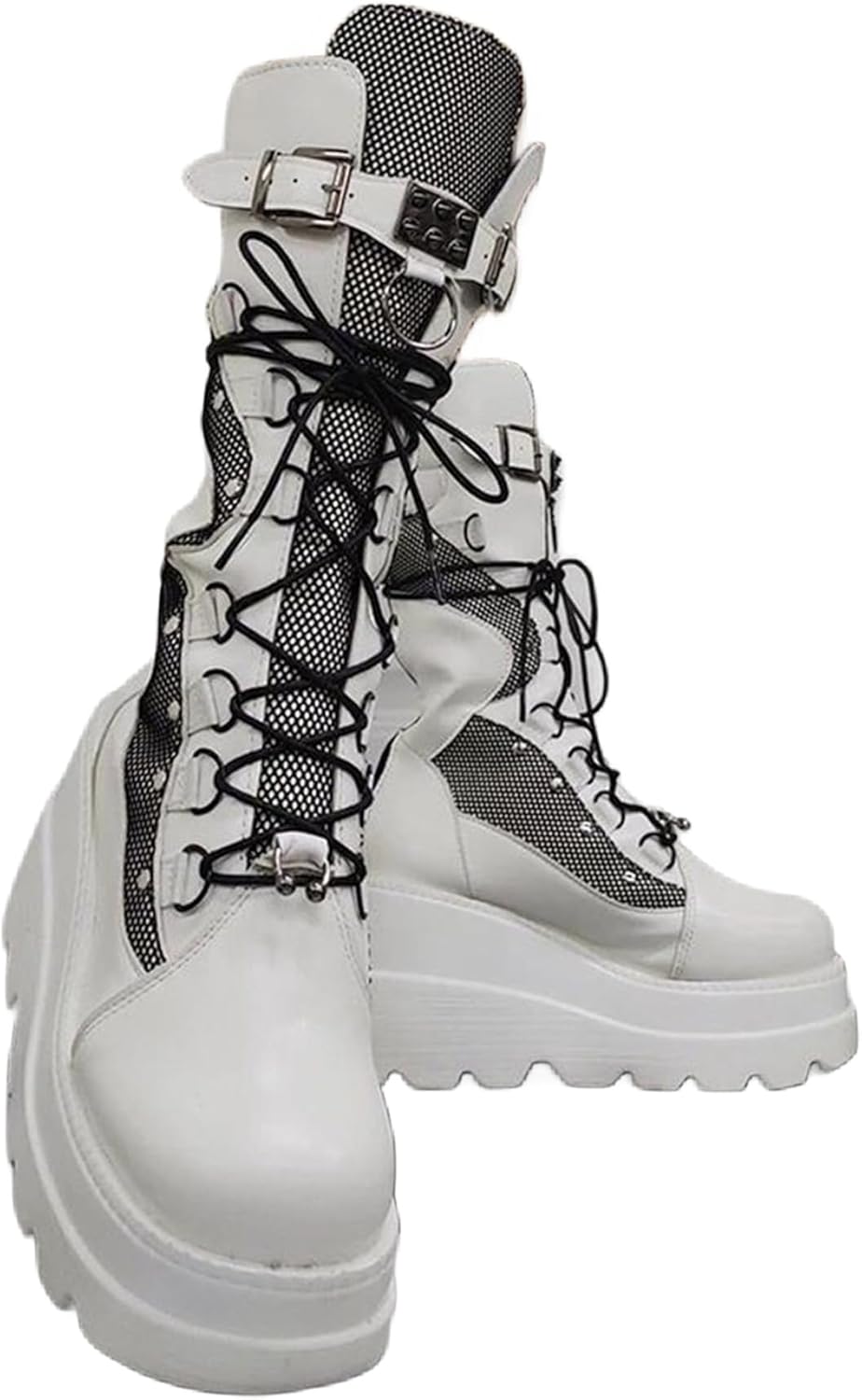 He&Yingmin Womens Goth Platform Boots Chunky Wedge Heel Rave Combat Boots Round Toe Mid Calf Boot for Concert Festival