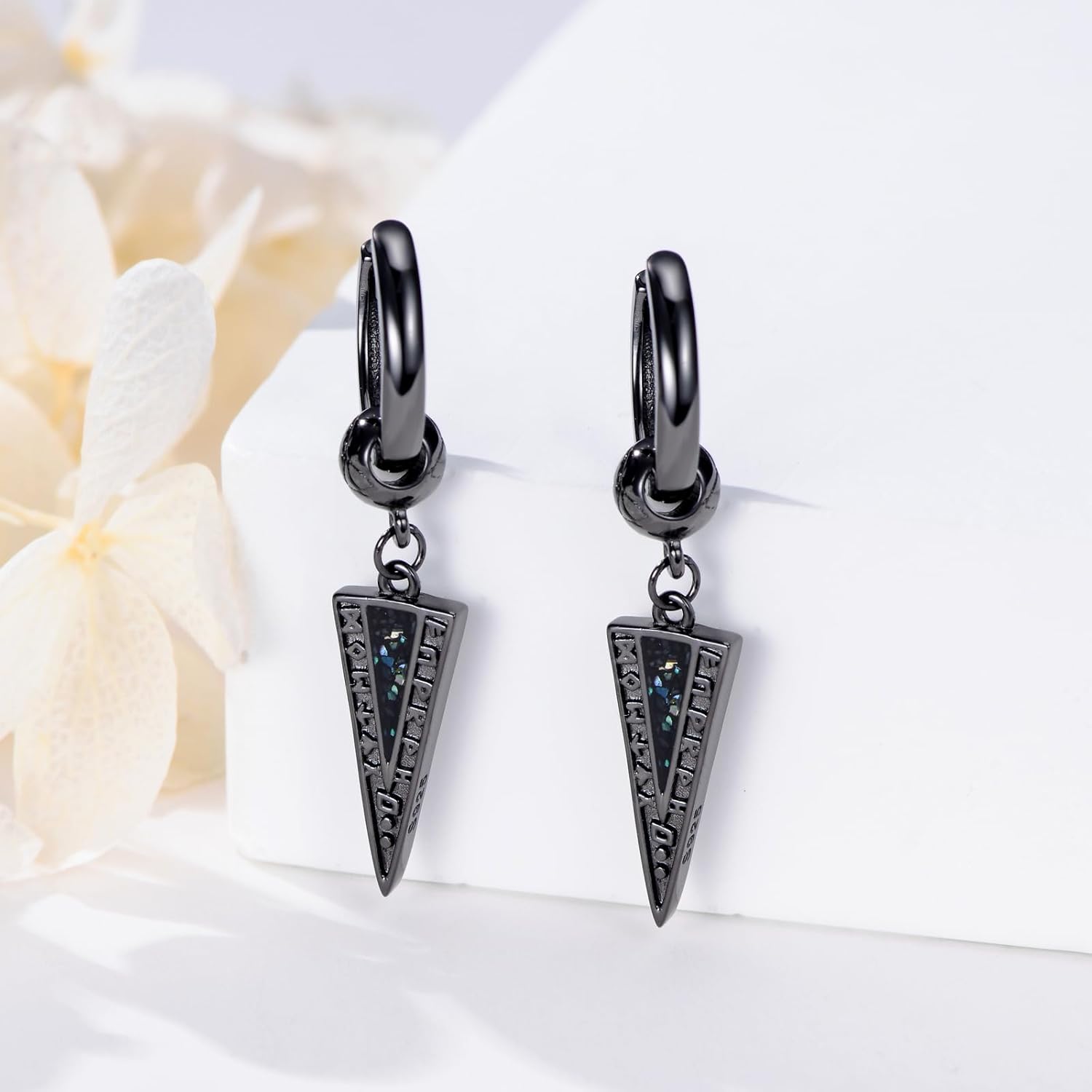Viking Runes Hoop Earrings for Men Women 925 Sterling Silver Black Spike Abalone Shell Dangle Drop Huggie Earrings Norse Pagan Jewelry Halloween Gifts for Husband Dad - Image 2