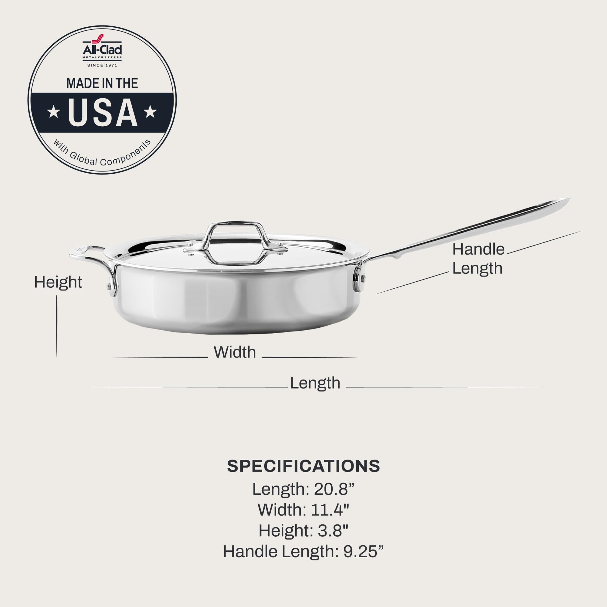 All-Clad 4403 - Padella in acciaio inox con coperchio, 26,7 cm, 2,8 l, adatta per cucine a induzione