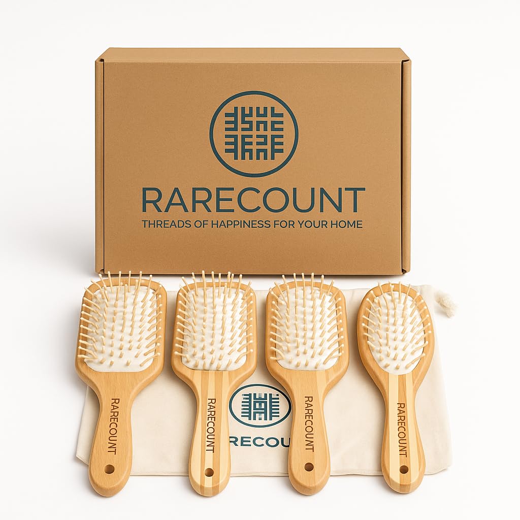 Hair Brush Bamboo Wooden (Set of 4) – Paddle Brush, Oval Brush & Detangling Brush, Anti-Static Natural Hair Brushes for Long Short Thick Thin Curly Straight Wavy Dry Hair for Men Women Kids,Giftbox