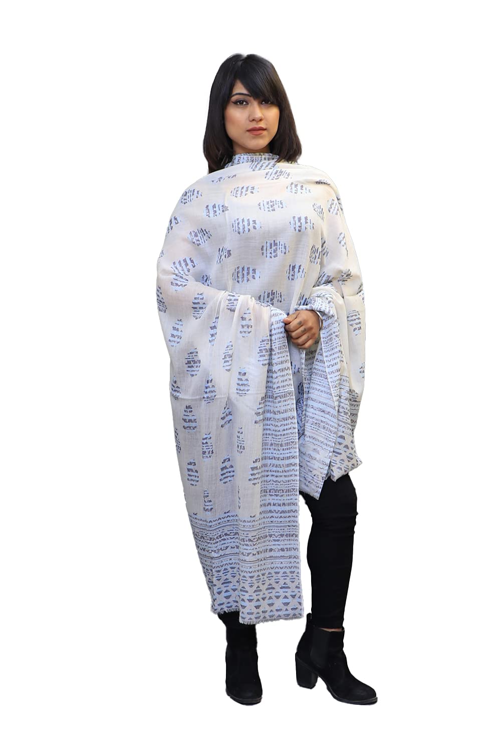 Kashmirvilla On The Base Of White Colour With Blue Kani Borders And All Over Motifs Creates Innovative Designs.