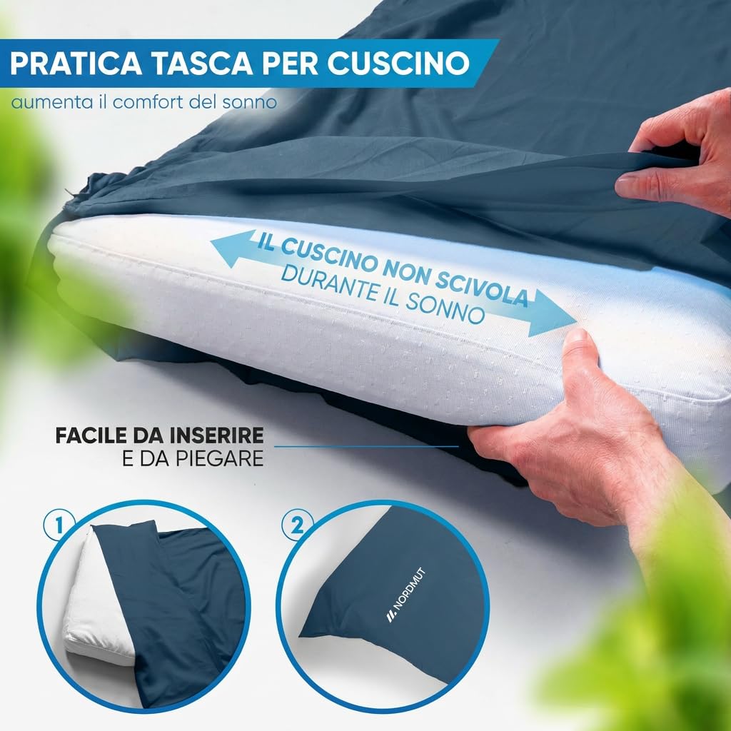 NORDMUT® Sacco a pelo ultraleggero in microfibra o cotone – Sacco a pelo da viaggio traspirante [220 x 90 cm], piccolo ingombro & particolarmente morbido con scomparto per cuscini