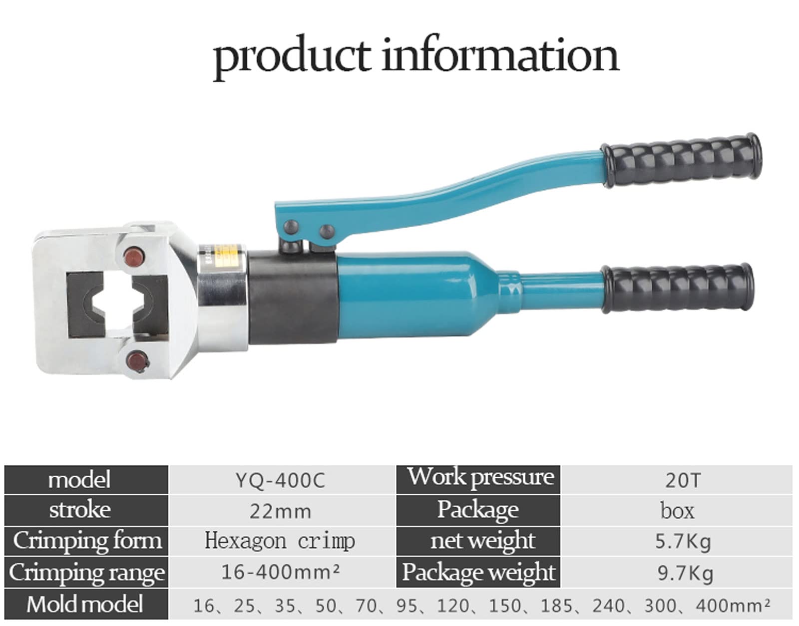 Ręczne narzędzie do zaciskania kabli hydraulicznych 20t z 12 czarnymi matrycami, końcówka kablowa 16-400 mm², miedź