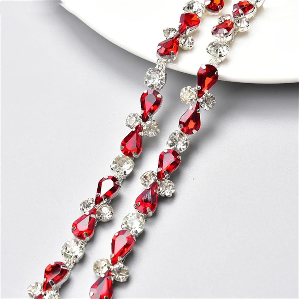 Frędzle z kryształkami, Naszywana frędzlowa lamówka ze szkła Rhinestone o średnicy 10 mm, z płaskim tyłem, wielokolorowa, 1 jard(Red)