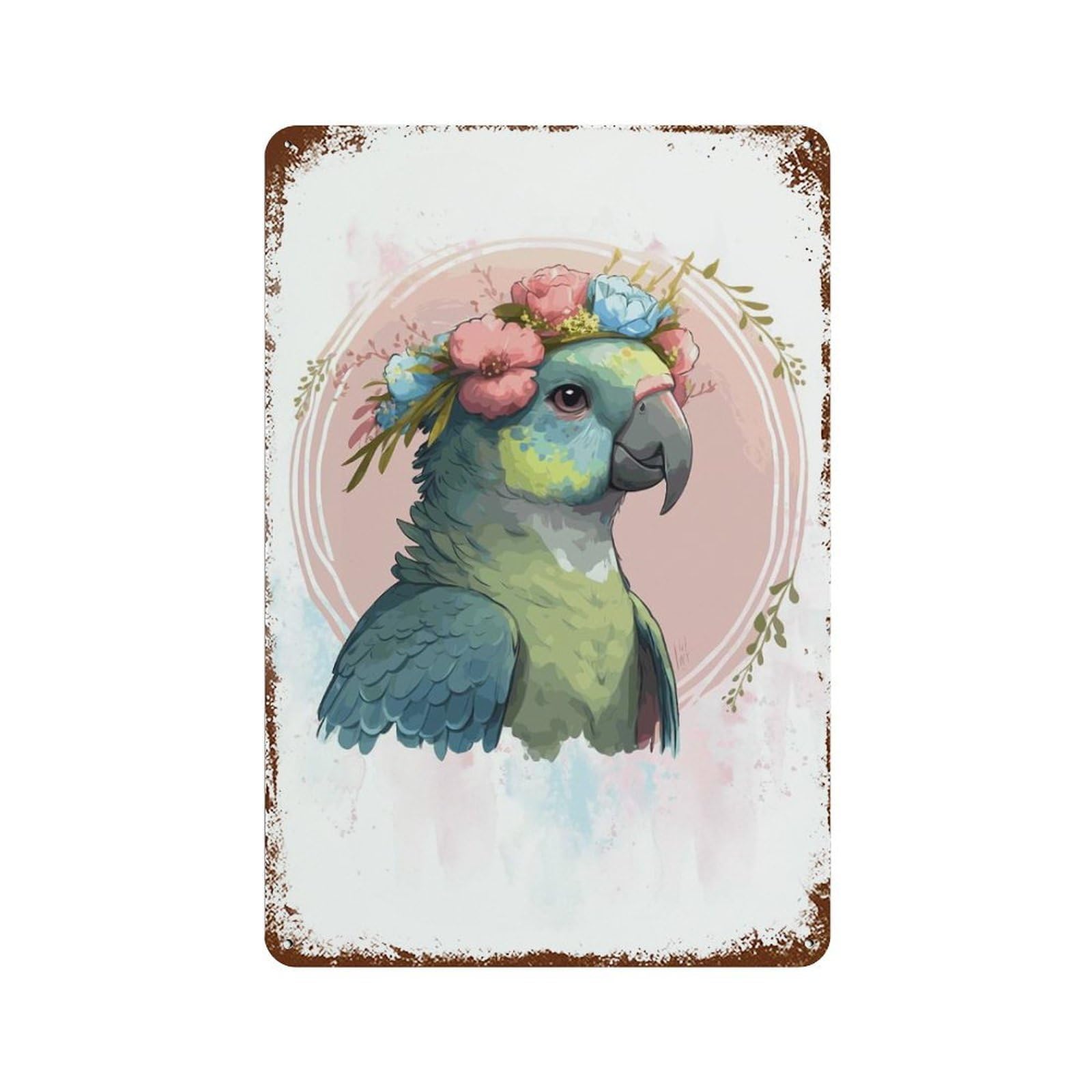 Rust Effect Floral Hahns Macaw Art Rusty Metal Tin Sign 11.8"x7.9", Industrial Home Decor for Living Room, Hallway And Home Decor