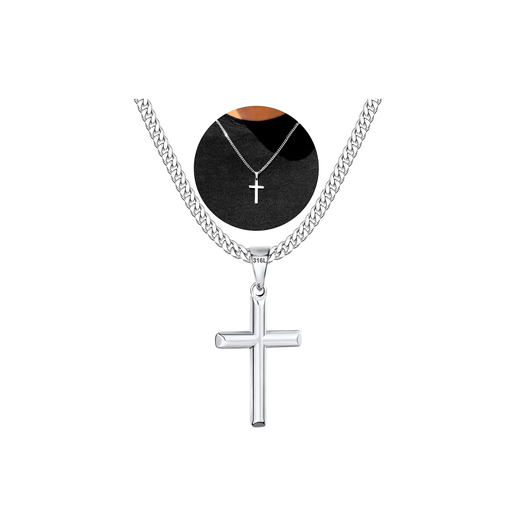 WEDDINEN Easter Basket Stuffers 316L Stainless Steel Cross Chain Necklace for Men Boys, Silver Gold Black Mens Boys Chain Necklaces 5mm Sturdy Cuban Chain with Cross Pendant Gifts for Him 18-24inch