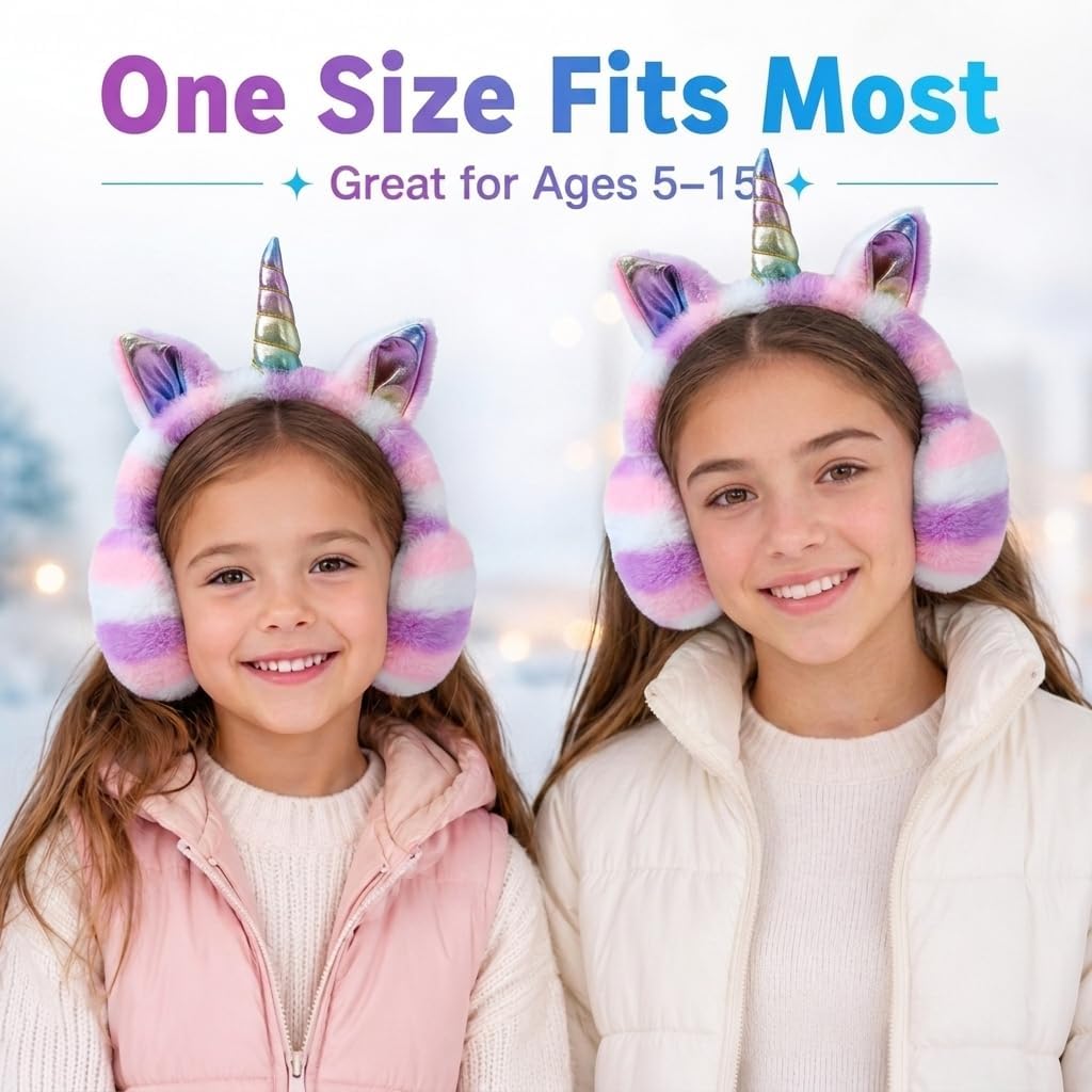 ZTL Foldable Unicorn Earmuffs for Girls Kids Women Soft Plush Winter Ear Warmers