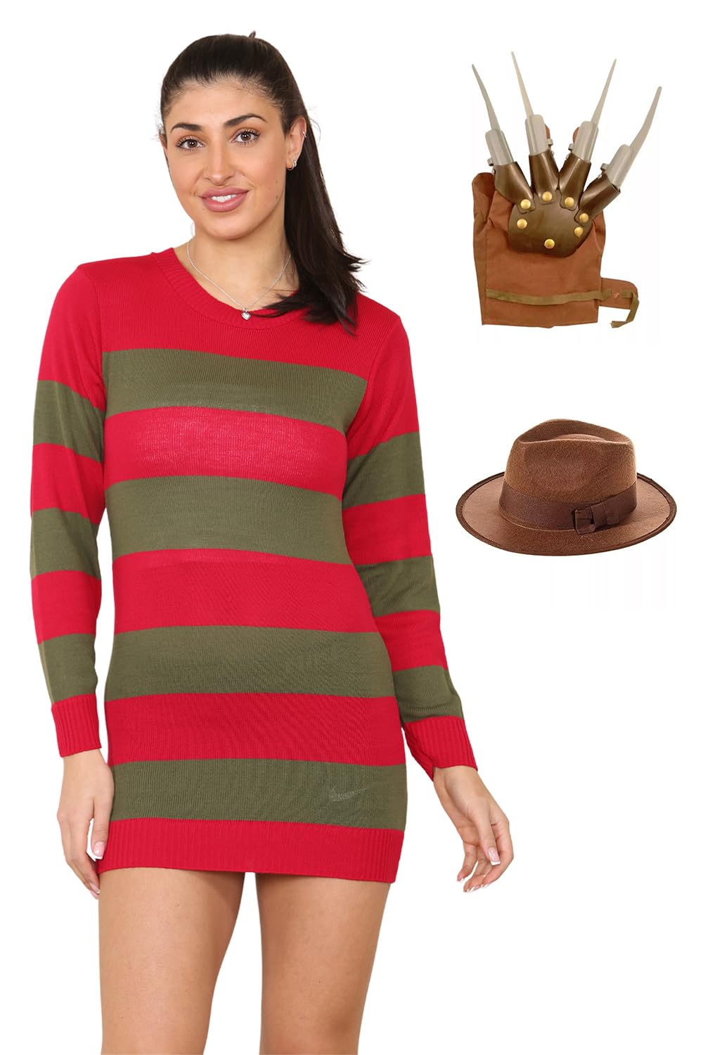 labreeze Women's Red and Green Knitted Jumper, Hat & Claw Glove Costume Set - Halloween Fancy Dress, Horror Cosplay Outfit, Striped Sweater with Matching Beanie Hat and Claw Gloves (Small/Medium)