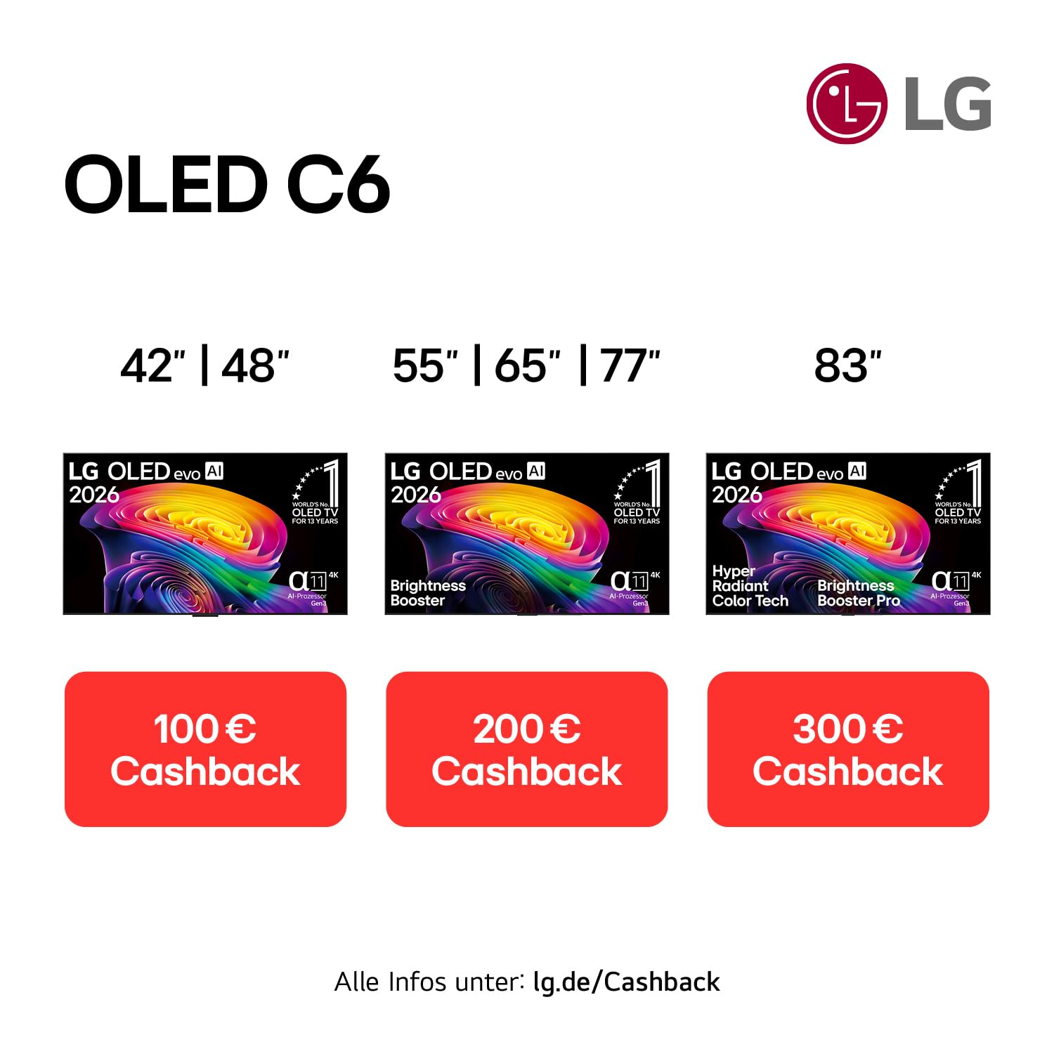 LG OLED77C6ELB TV 77 Zoll (195 cm) 4K OLED evo AI TV (α11 Gen3 4K AI Prozessor, webOS 26, 120Hz (VRR bis zu 165Hz)) [Modelljahr 2026] [Energieklasse E]