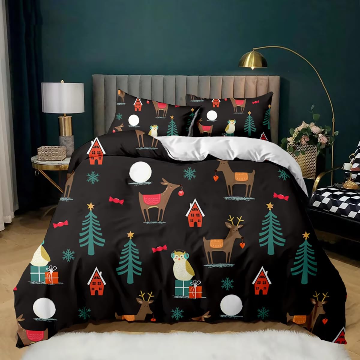 Housse de couette 200x200 Noël lit enfant avec parure traditionnelle noire à motif de rennes