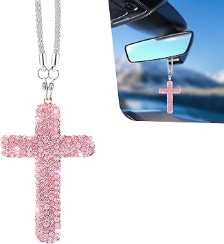 Bling Car Hanging Ornament, Crystal Rhinestone Vehicle Rearview Mirror Pendant, Double-Sided Cross Diamond Religious, Universal for Most Vehicles Pink