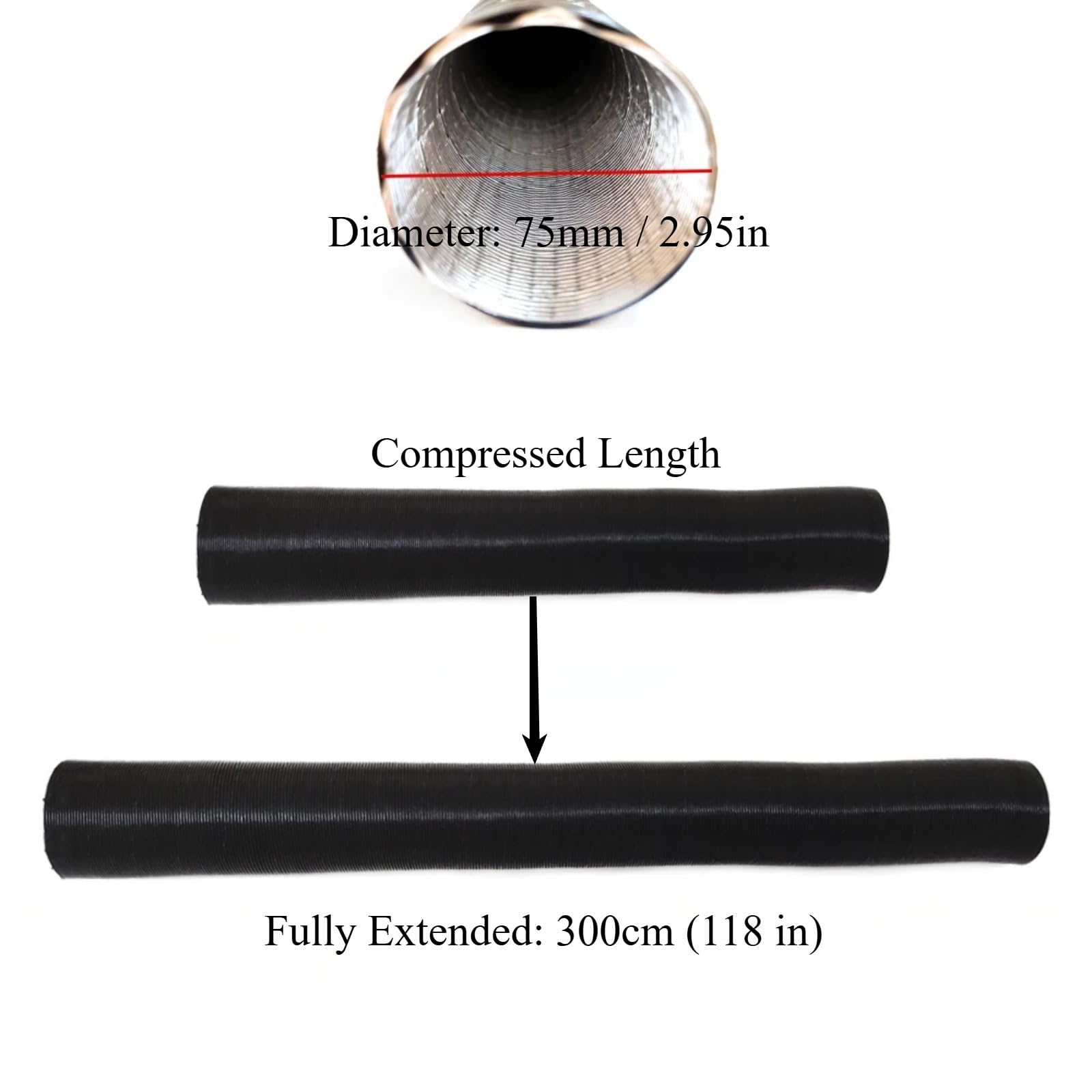 Tubo flexible de aluminio para calentador de coche, 300 cm de largo, 75 mm