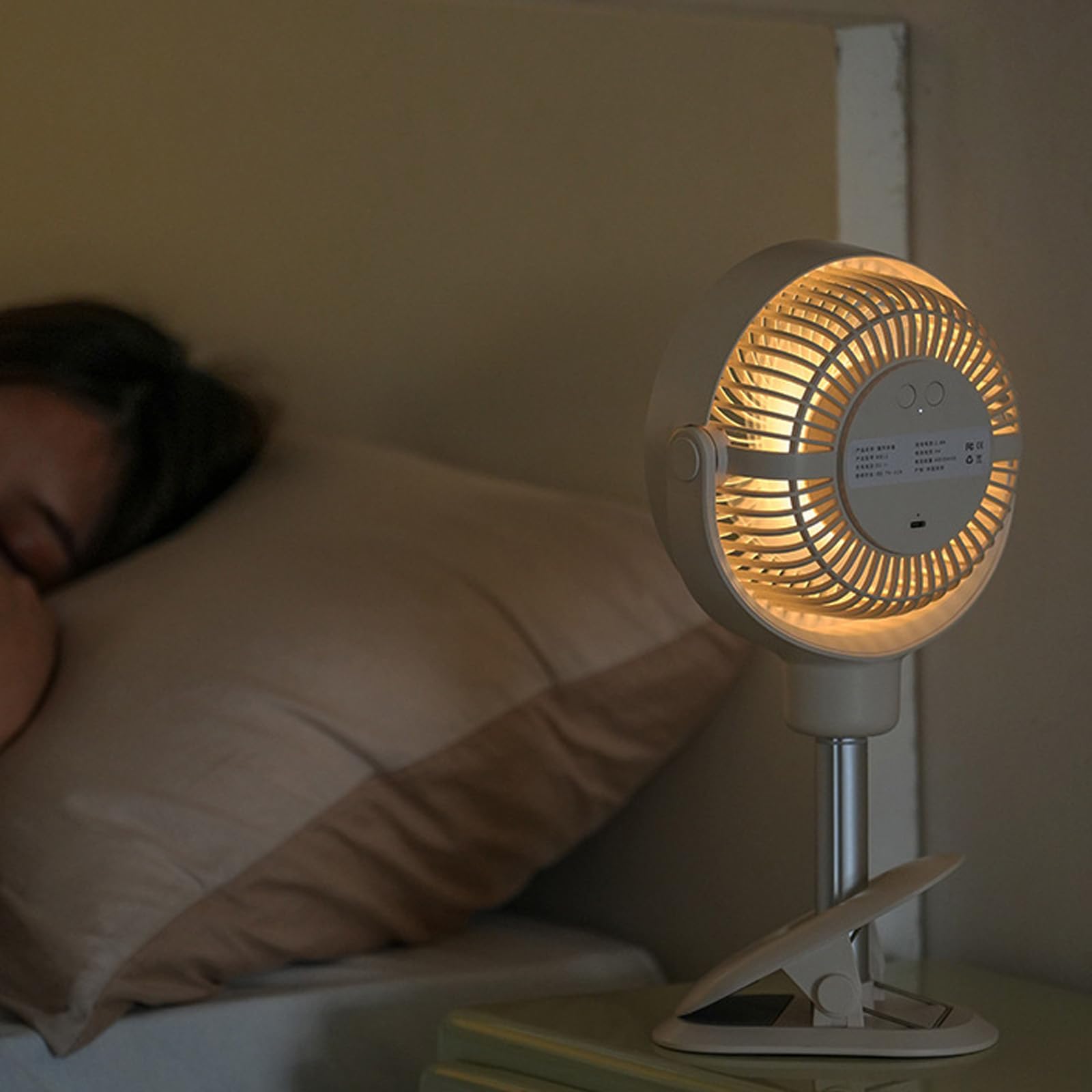 Ventilatore oscillante a clip da tavolo, altezza regolabile, ricaricabile tramite USB, portatile, telescopico, con luce a LED, ventilatore ricaricabile