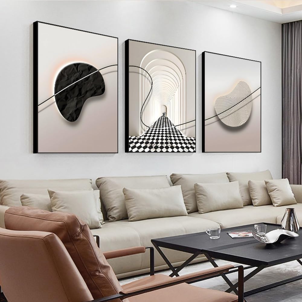 ARTFEB Abstract Modern Framed Canvas Wall Art Set, Geometric Line Wall Decor, Minimalist Neutral Wall Painting, Beige Black Art Prints for Living Room, Bedroom, Office(Black, 24" X 32" X 3 pieces)