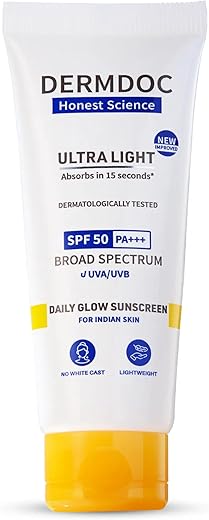 DermDoc All By Purplle Ultra Light Spf 50 Pa+++ Daily Glow Sunscreen (50Gm) | Sunblock | Lightweight | Non-Greasy | 0 White Cast