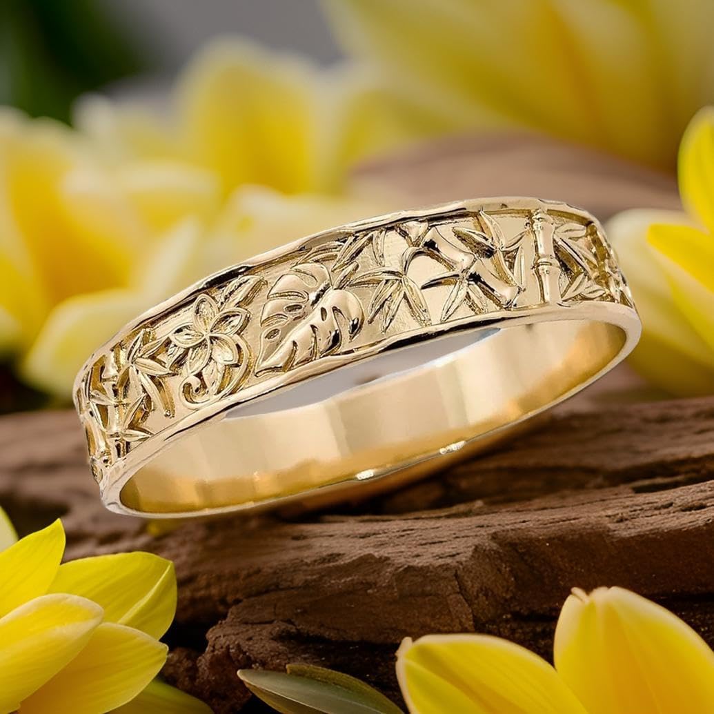 Healani Jewelry 15mm Gold Plated Hawaiian Tropical Garden Bangle Bracelet