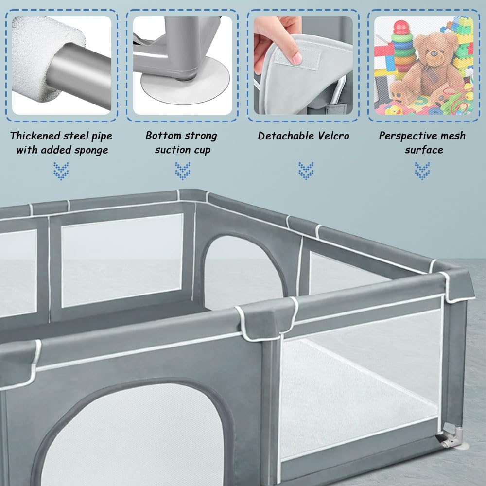 Homewell Parco per bambini sicuro, 180 x 150 cm, area giochi mit 2 accesso laterale con cerniera, barriera per bambini, borsa per il trasporto (grigio scuro)