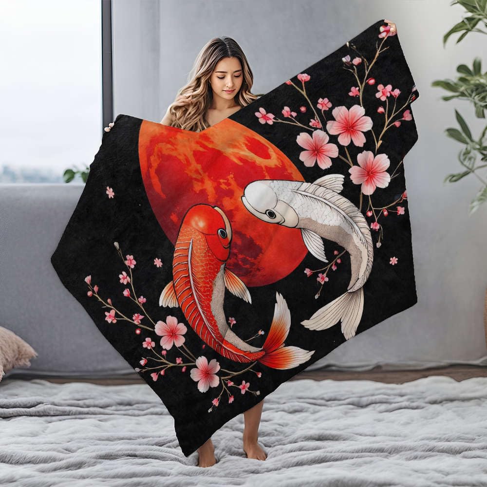Popielniczka dwie ryby koi naprzeciw siebie z kwiatami wiśni flanelowy koc torba duży koc narzuta (150 x 200 cm)