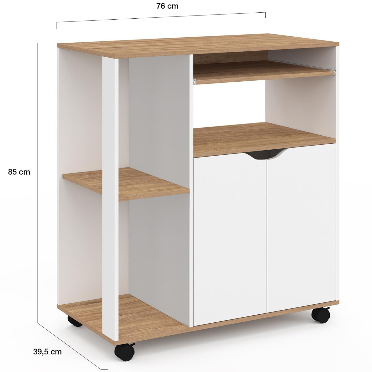 IDMarket - Carrito de cocina Cosi, madera, blanco y tableros con aspecto de haya, longitud 76 cm