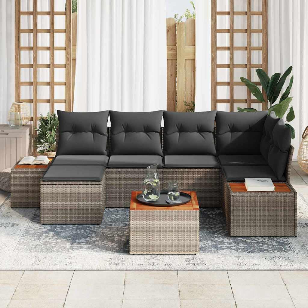 Sofá de jardín gris de 7 piezas con cojines de poliratán y madera de acacia, diseño modular moderno con sofá esquinero, dos asientos centrales, dos sofás extendidos, mesa auxiliar,