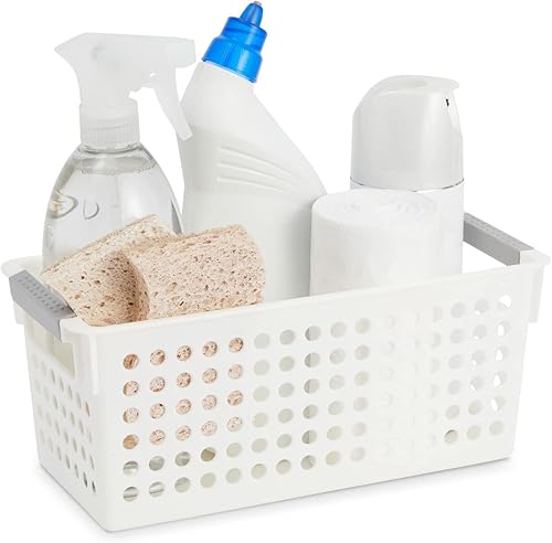 Miniatura 8 de Farmlyn Creek Paquete de 4 cestas de plástico blancas con asas grises, cestas de almacenamiento estrechas para organización de estantes,