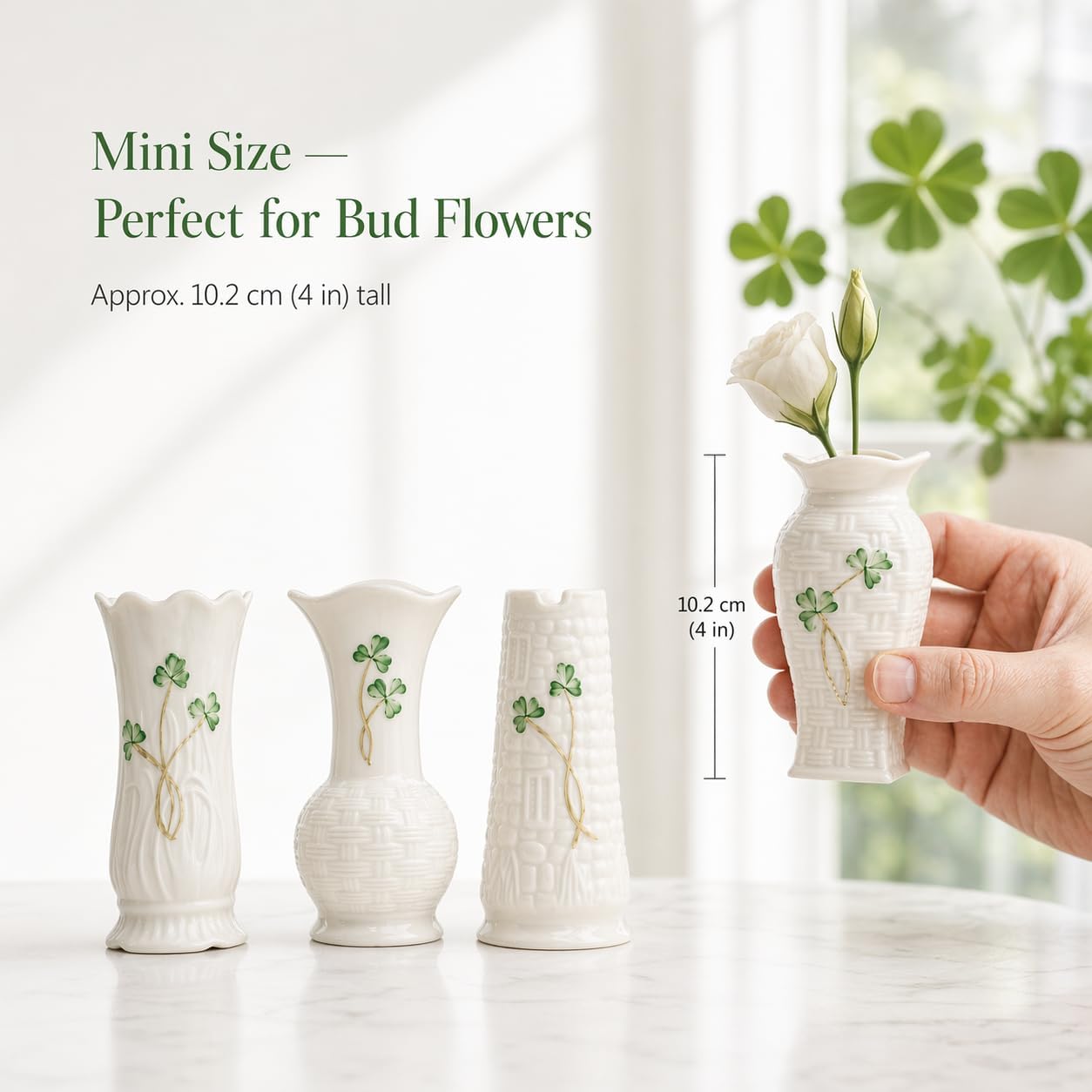 Belleek Mini Shamrock Vase Set of 4 - White Flower Vase Handcrafted Fine Parian China Irish Decor, 1.6 x 4 Inches