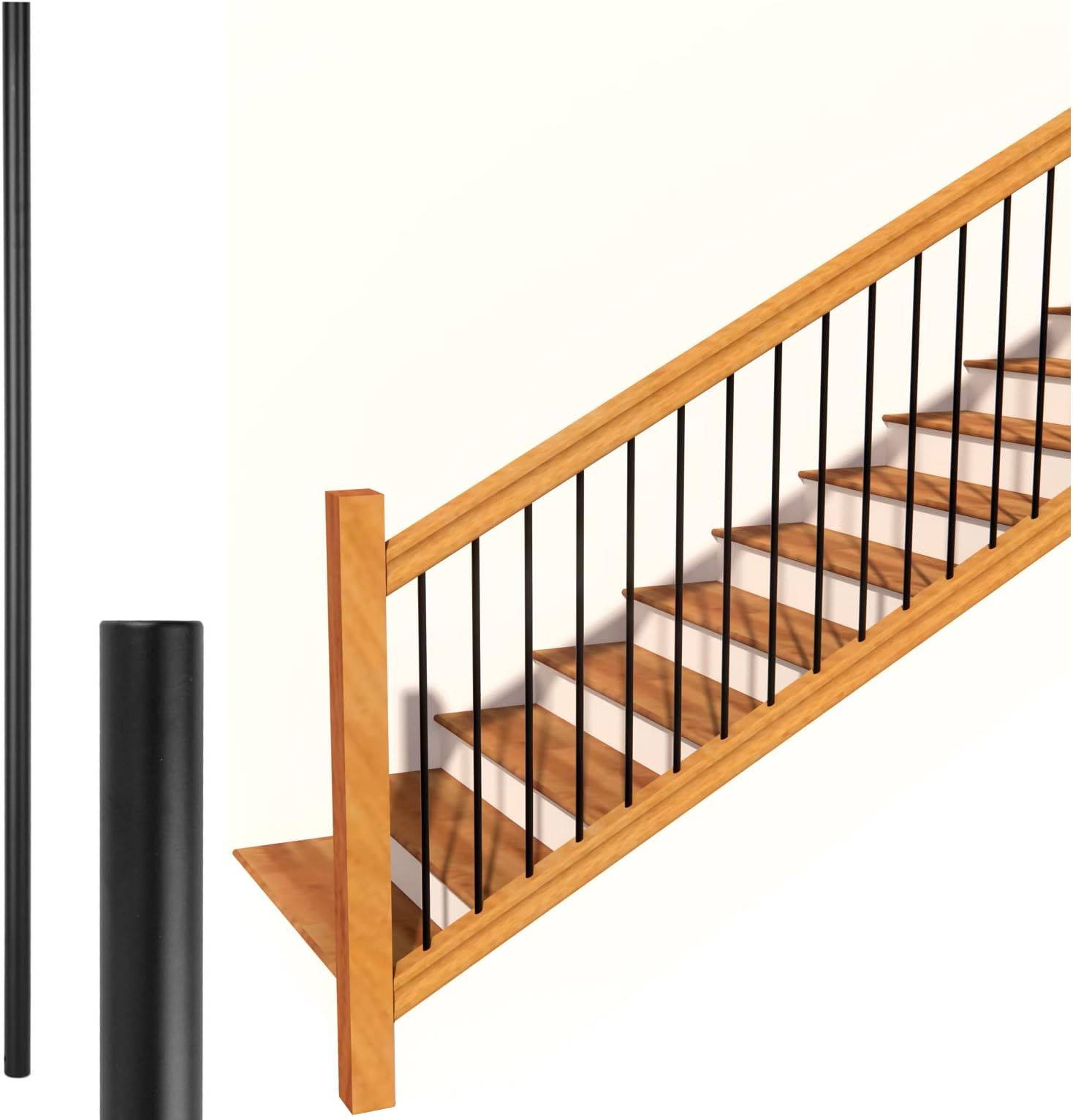 Senmit Iron Stair Balusters 5/8" Round x 44" Long, Hollow Wrought Round Spindles for Indoor Staircase, Powder Coated –(Satin Black) 50 Pack