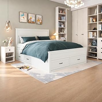 SOFTSEA Queen Storage Bed Frame with Drawers and Tall Headboard - Rustic Wood Platform Bed with Slats Support - No Box Spring Needed, White